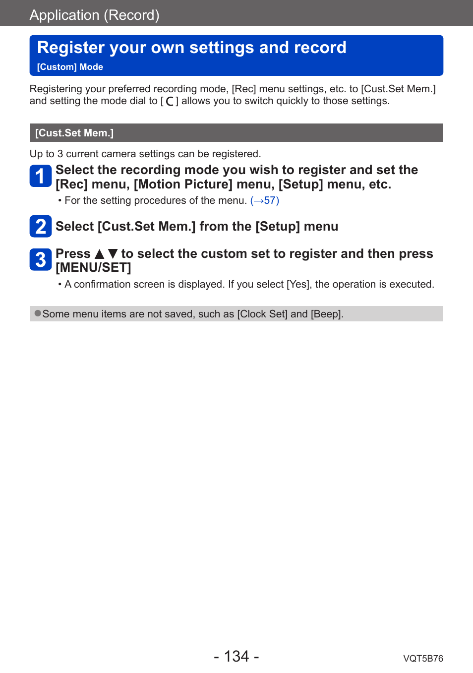 Cust.set mem, Register your own settings and record, Custom] mode | Application (record) | Panasonic DMC-FZ70K User Manual | Page 134 / 226