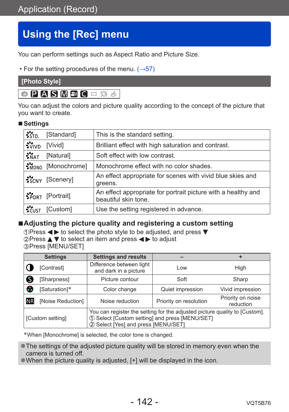Using the [rec] menu, Photo style, Application (record) | Panasonic DMC-FZ70K User Manual | Page 142 / 226