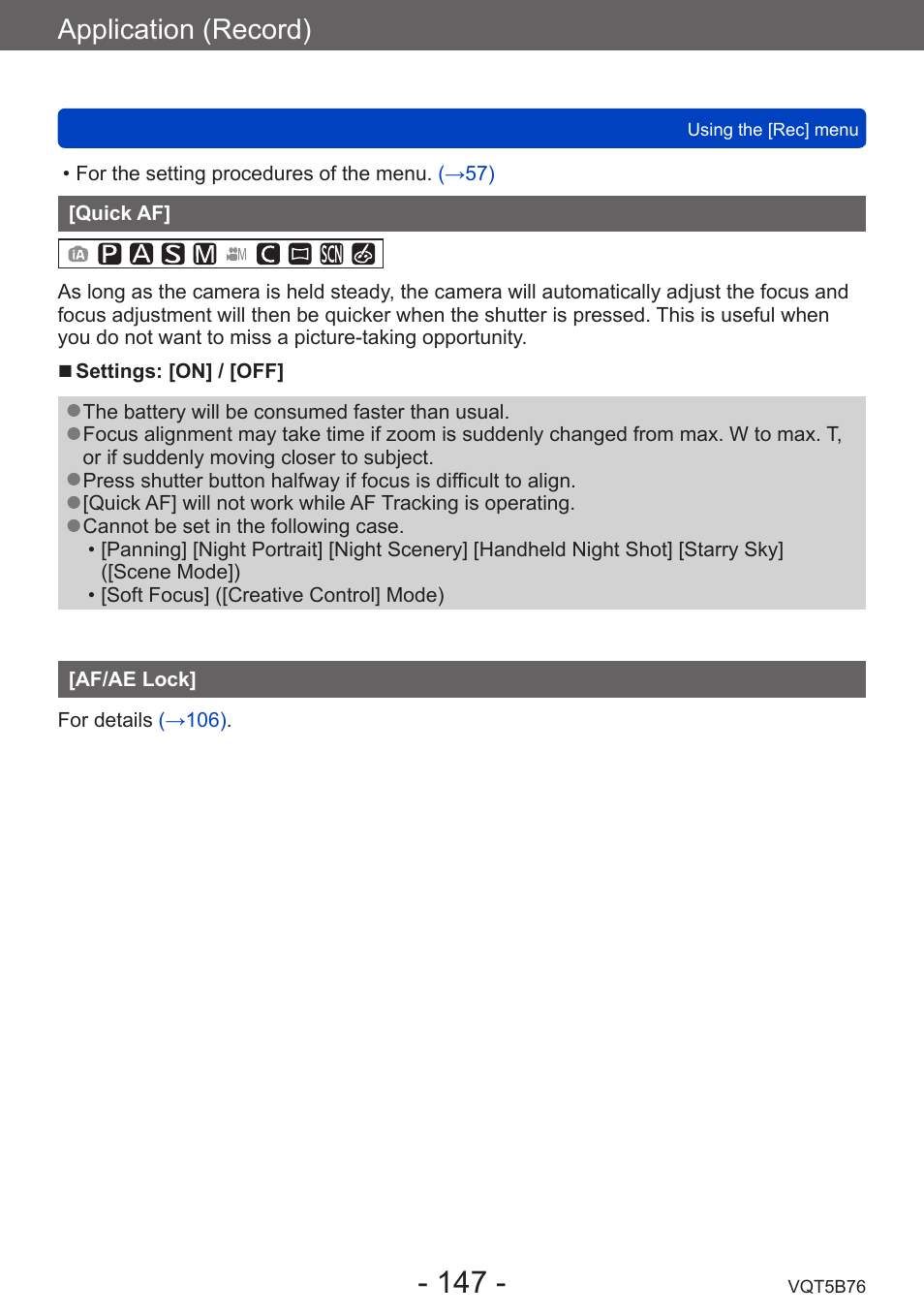 Quick af, Af/ae lock, Application (record) | Panasonic DMC-FZ70K User Manual | Page 147 / 226