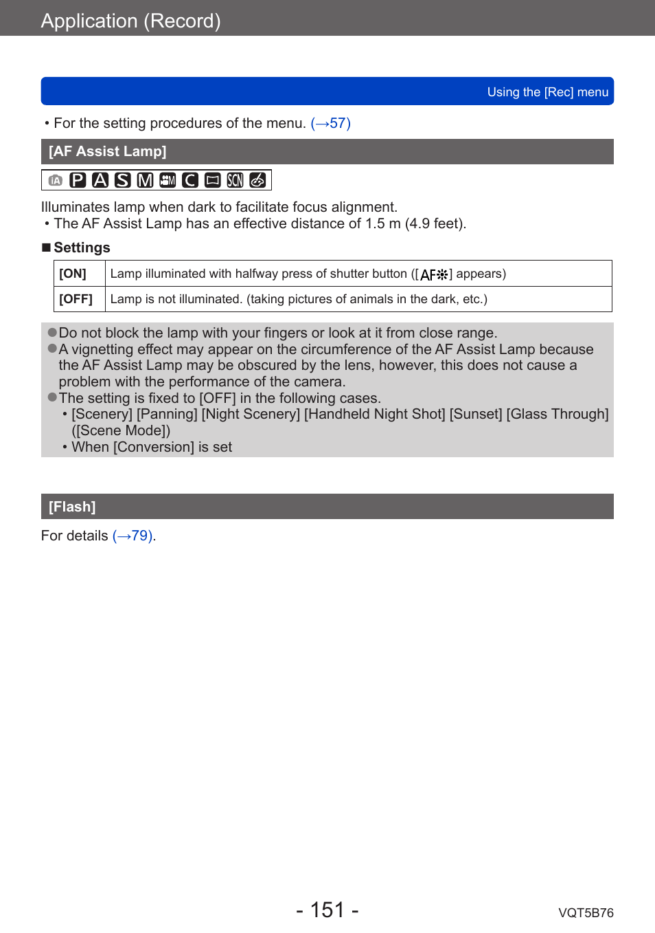 Af assist lamp, Flash, Application (record) | Panasonic DMC-FZ70K User Manual | Page 151 / 226