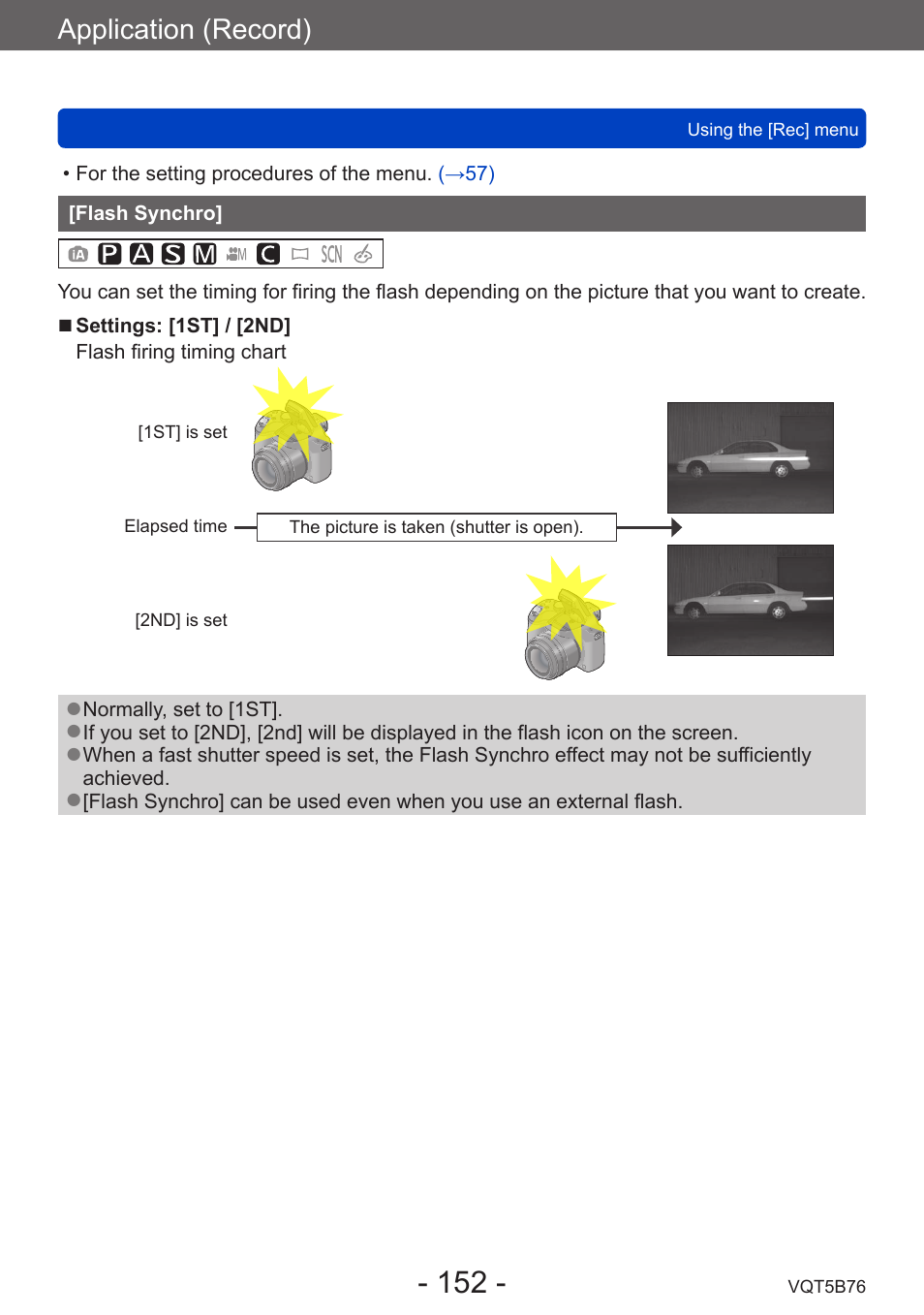 Flash synchro, Application (record) | Panasonic DMC-FZ70K User Manual | Page 152 / 226