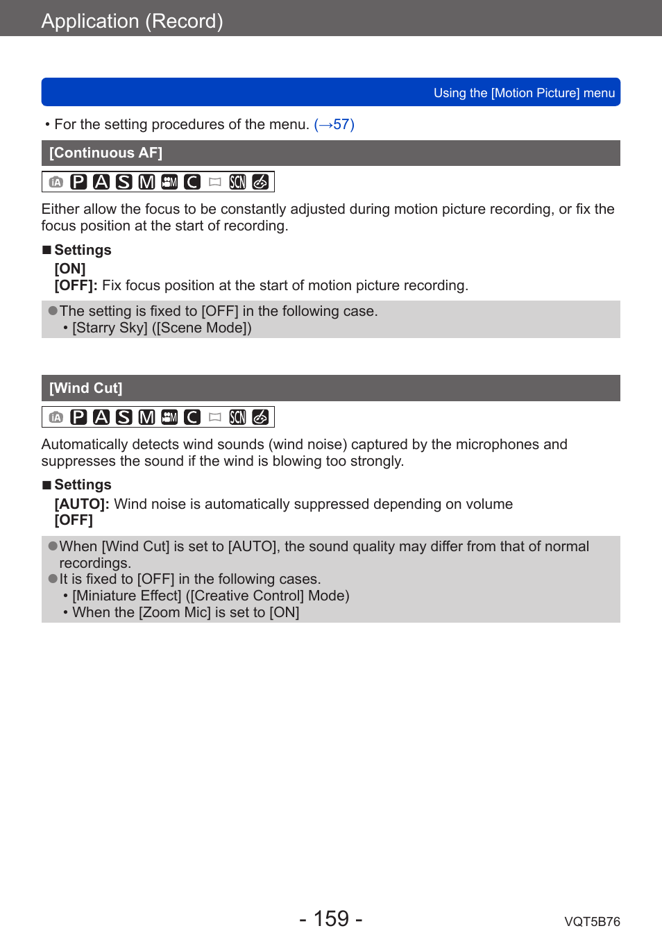 Continuous af, Wind cut, Application (record) | Panasonic DMC-FZ70K User Manual | Page 159 / 226