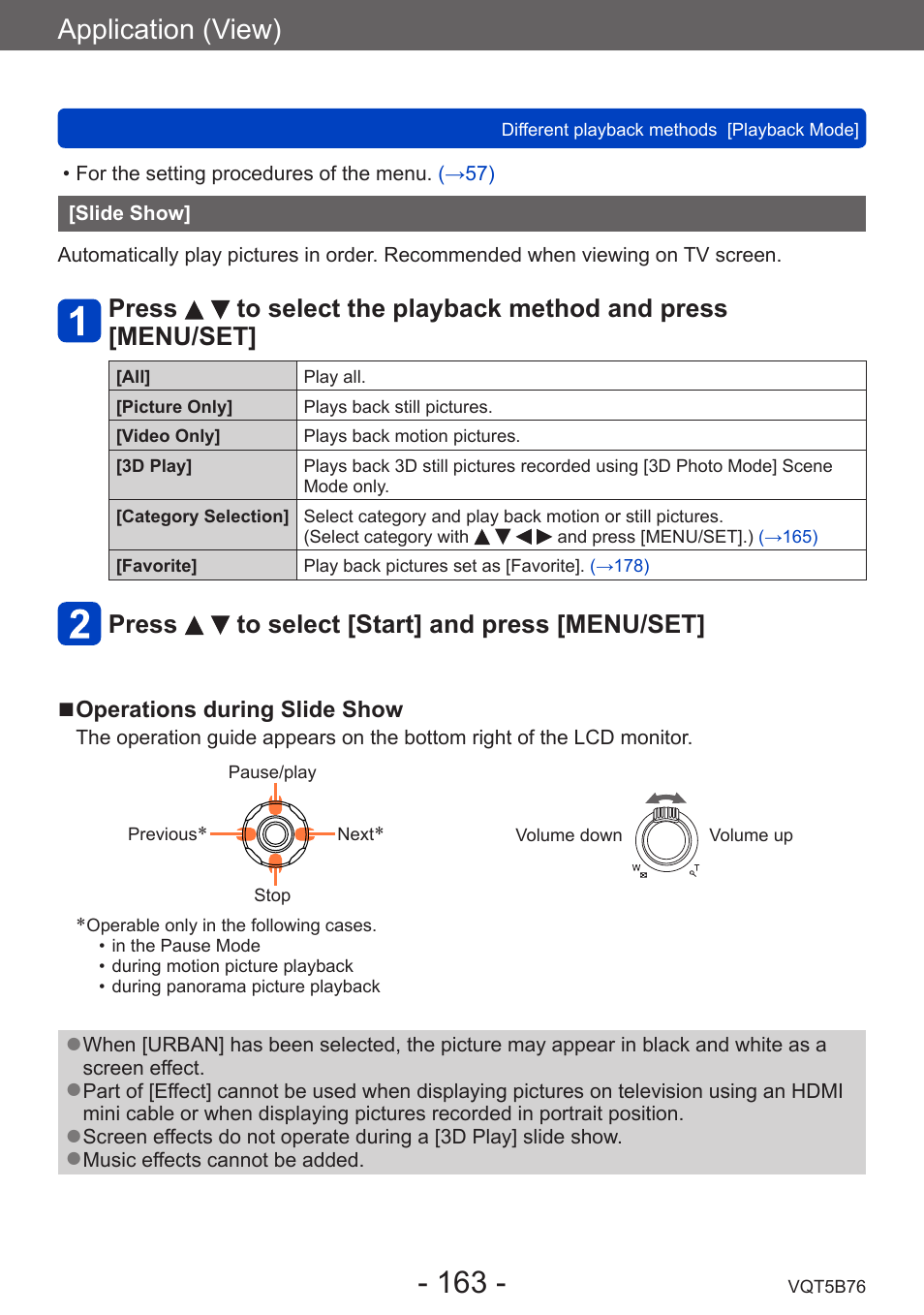 Slide show, Application (view), Press to select [start] and press [menu/set | Panasonic DMC-FZ70K User Manual | Page 163 / 226