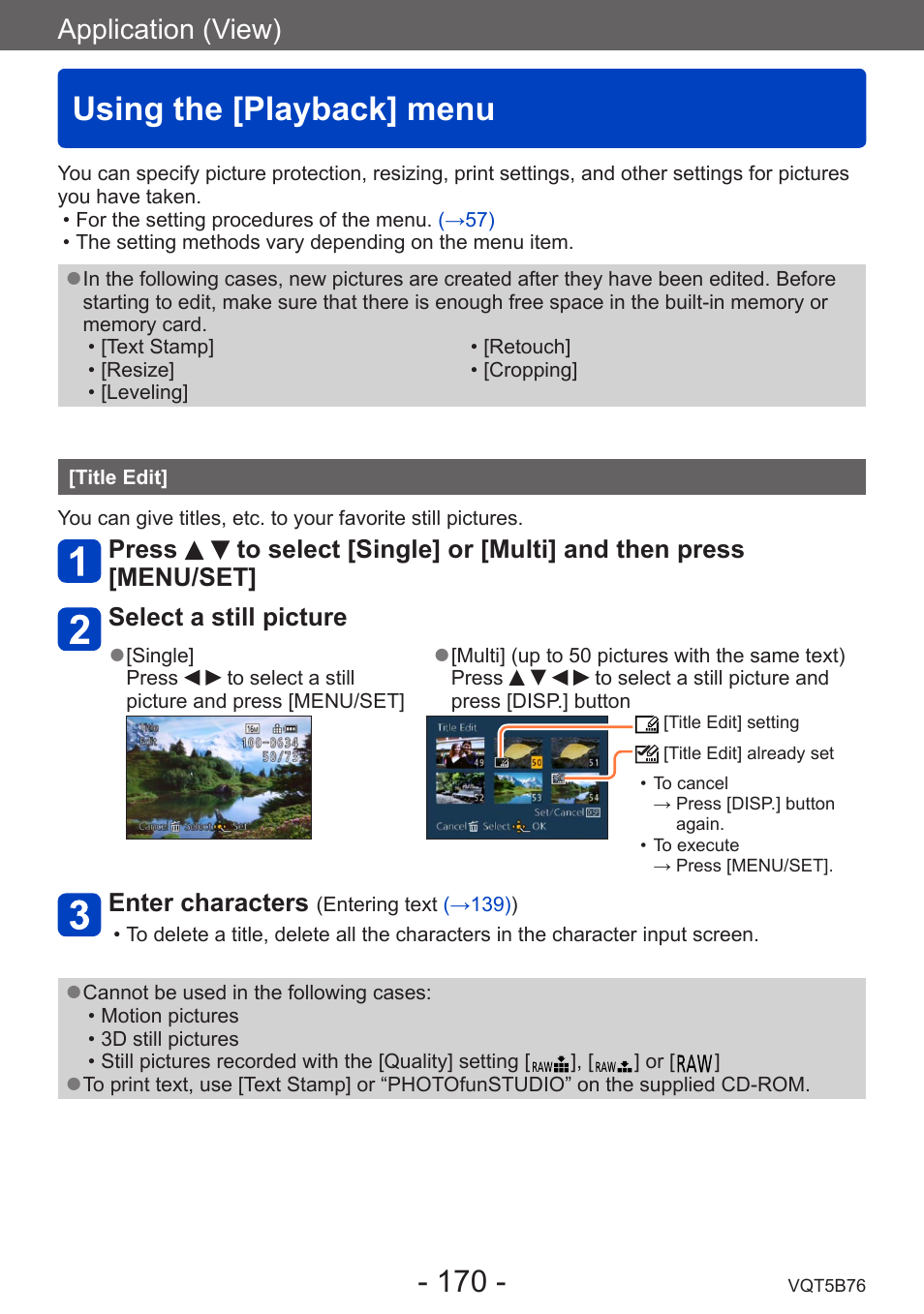 Using the [playback] menu, Title edit, Application (view) | Panasonic DMC-FZ70K User Manual | Page 170 / 226