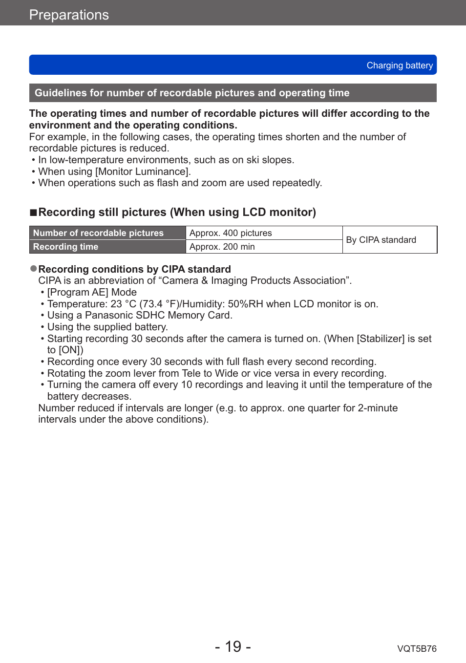 Guidelines for number of recordable, Pictures and operating time, Preparations | Panasonic DMC-FZ70K User Manual | Page 19 / 226