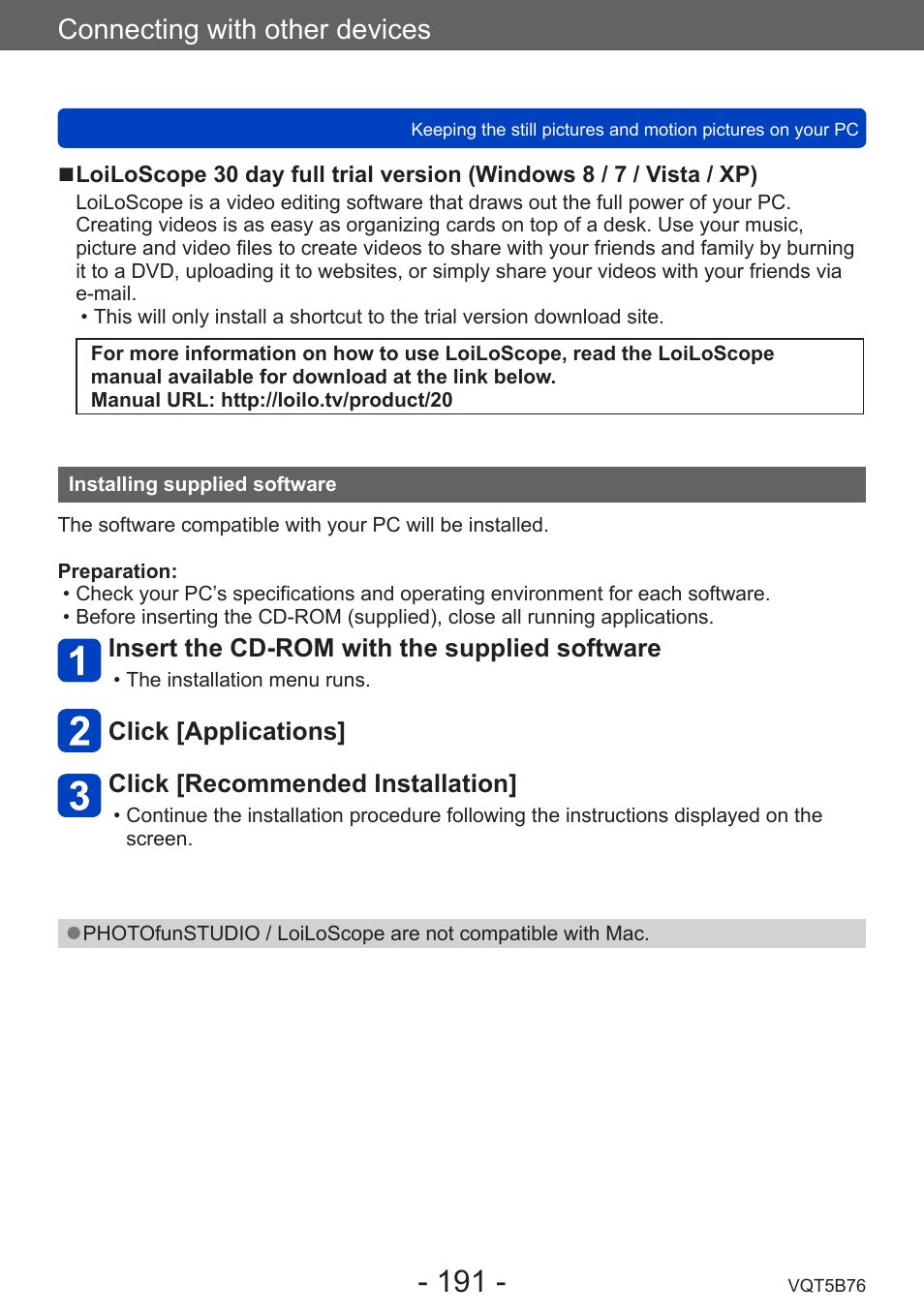 Installing supplied software, Connecting with other devices | Panasonic DMC-FZ70K User Manual | Page 191 / 226