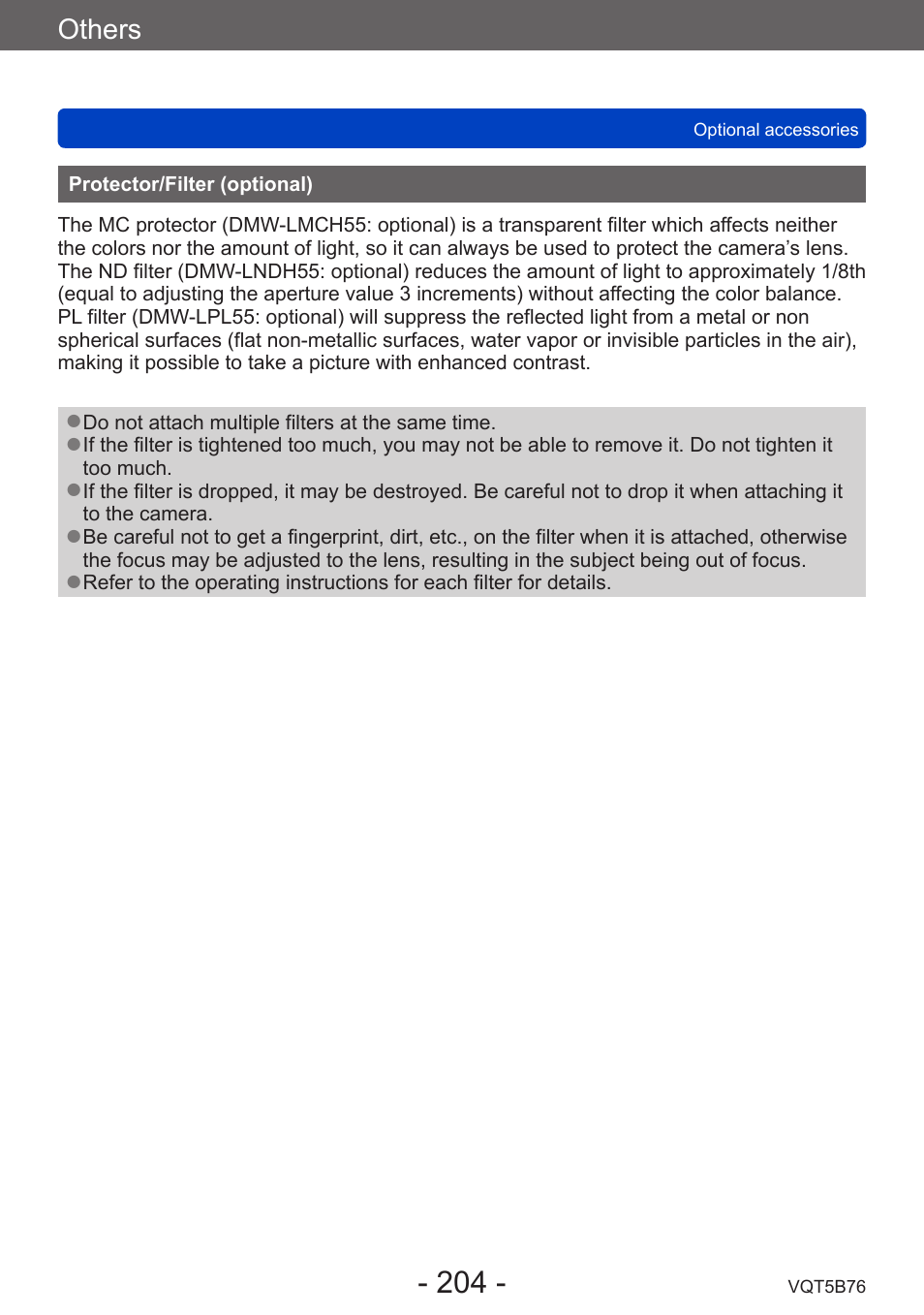 Protector/filter (optional), Others | Panasonic DMC-FZ70K User Manual | Page 204 / 226
