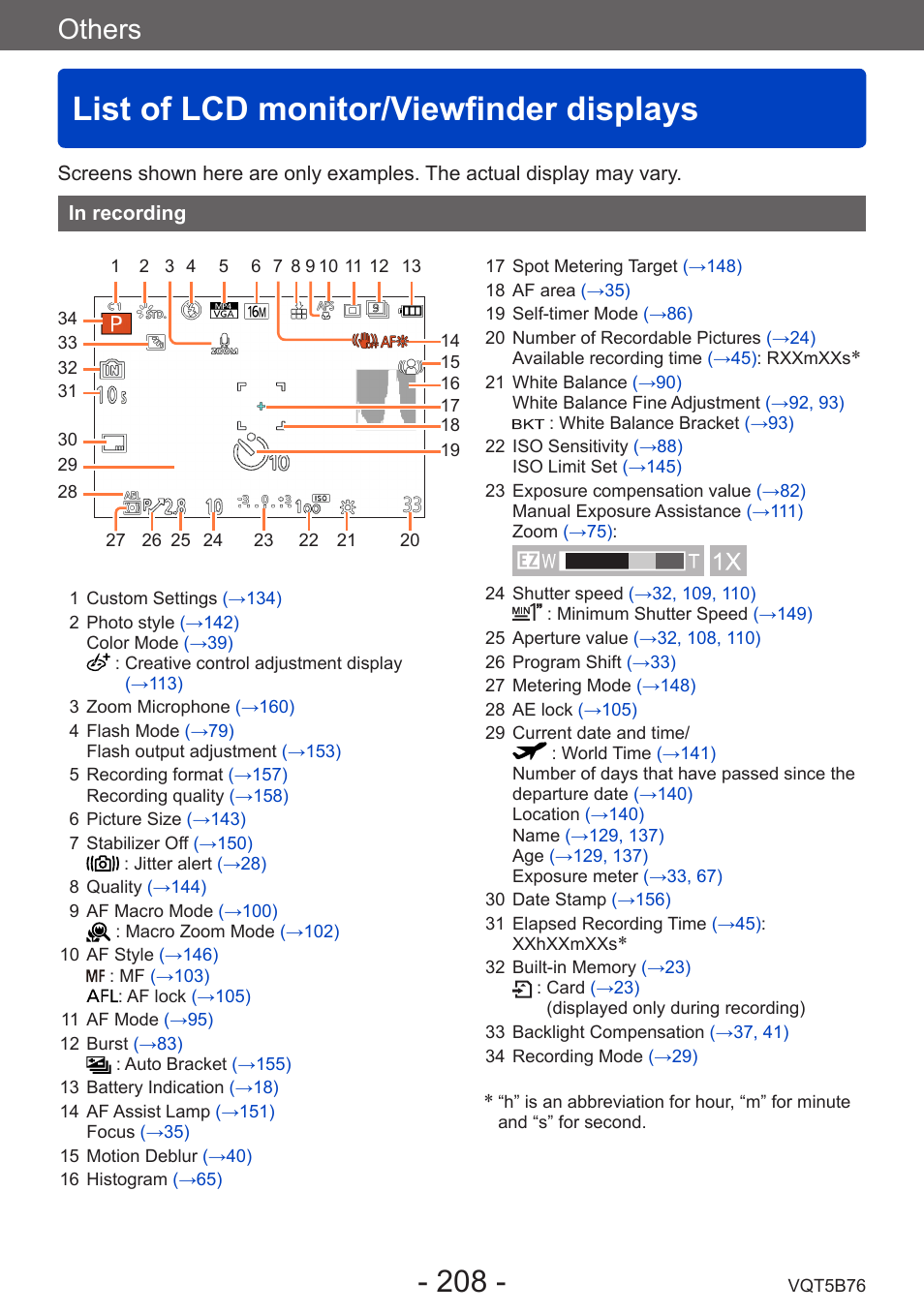 List of lcd monitor/viewfinder displays, In recording, List of lcd monitor/viewfinder | Displays, Others | Panasonic DMC-FZ70K User Manual | Page 208 / 226