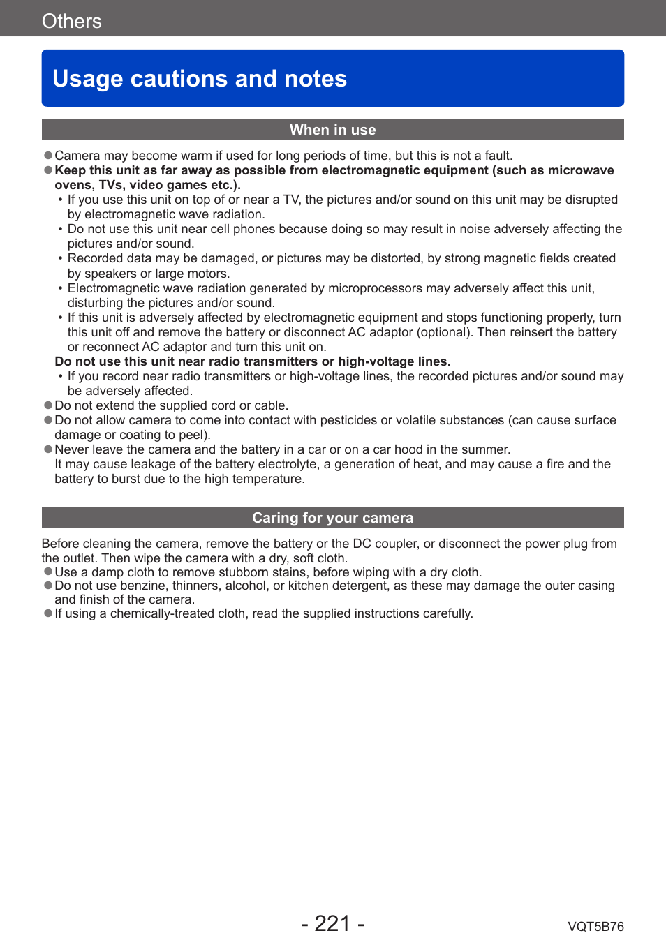 Usage cautions and notes, Others | Panasonic DMC-FZ70K User Manual | Page 221 / 226
