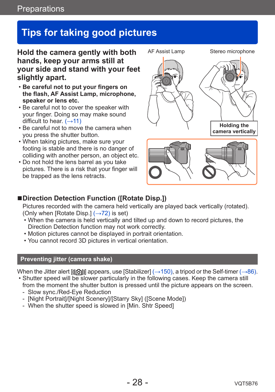 Tips for taking good pictures, Preventing jitter (camera shake), Preparations | Panasonic DMC-FZ70K User Manual | Page 28 / 226