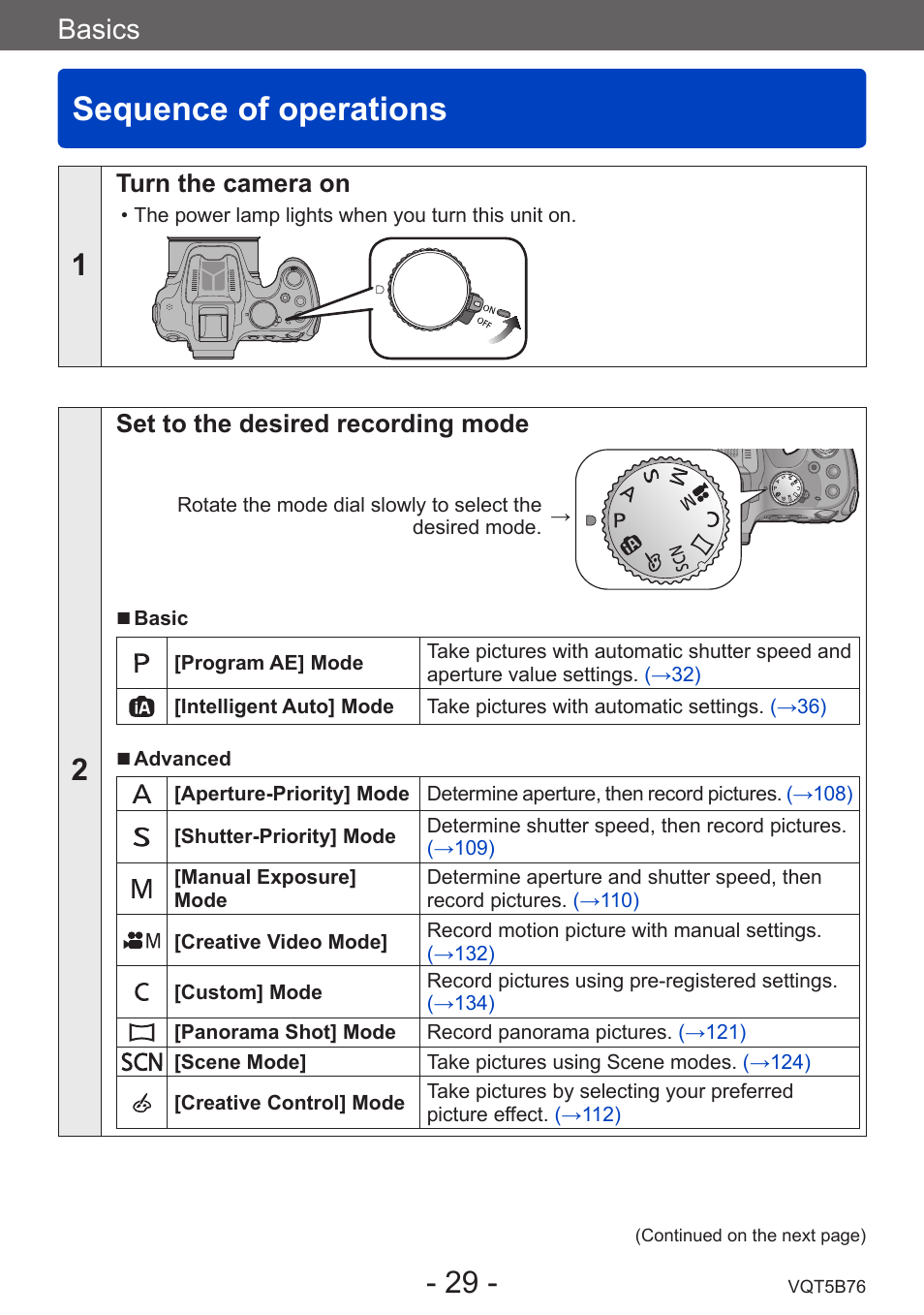 Basics, Sequence of operations, Turn the camera on | Set to the desired recording mode | Panasonic DMC-FZ70K User Manual | Page 29 / 226