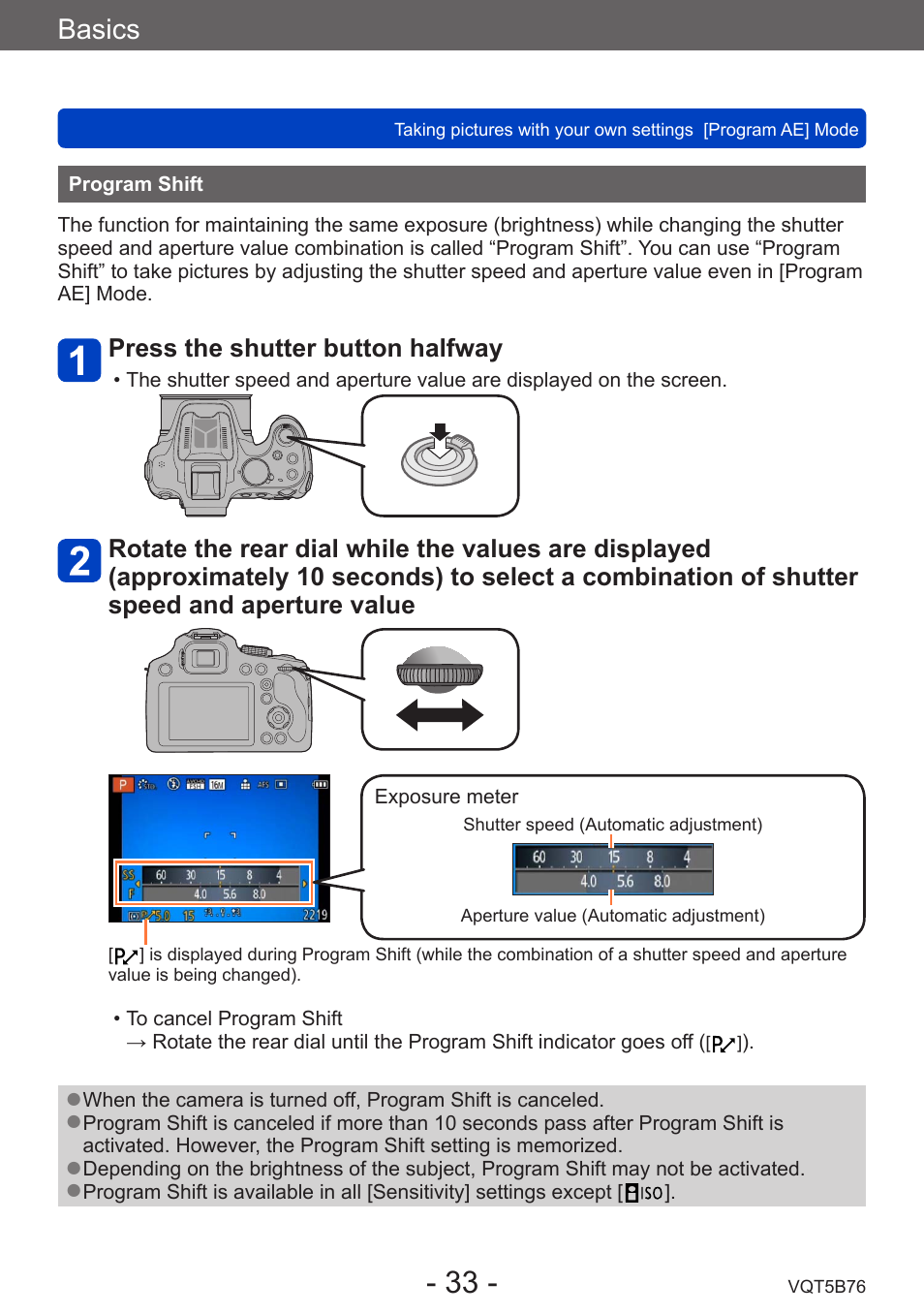 Program shift, Basics | Panasonic DMC-FZ70K User Manual | Page 33 / 226