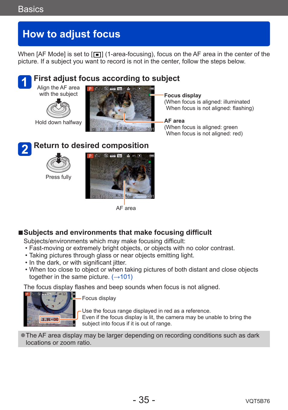 How to adjust focus, Basics, First adjust focus according to subject | Return to desired composition | Panasonic DMC-FZ70K User Manual | Page 35 / 226