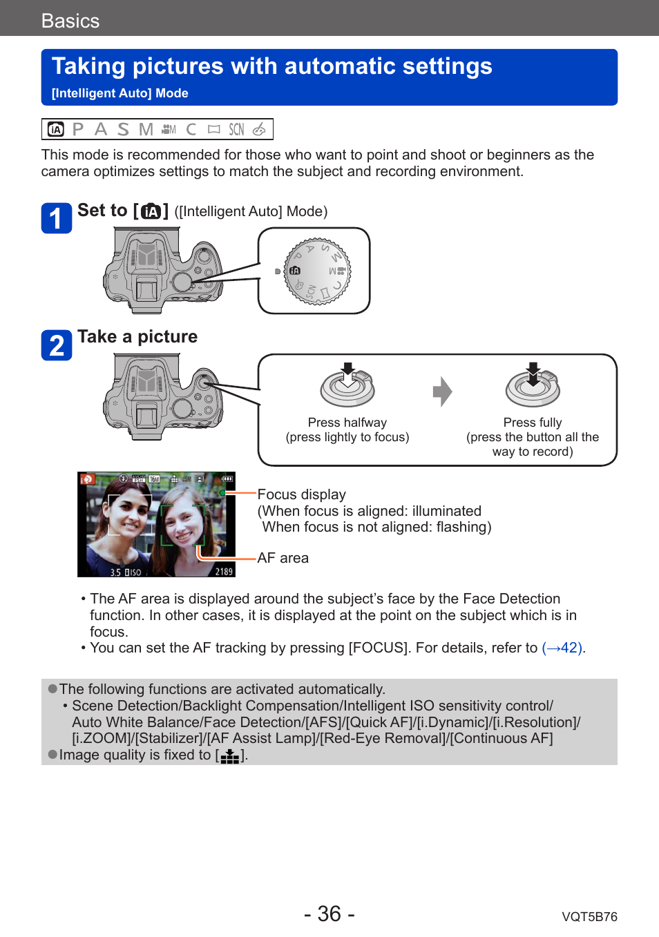 Taking pictures with automatic settings, Intelligent auto] mode, Basics | Panasonic DMC-FZ70K User Manual | Page 36 / 226