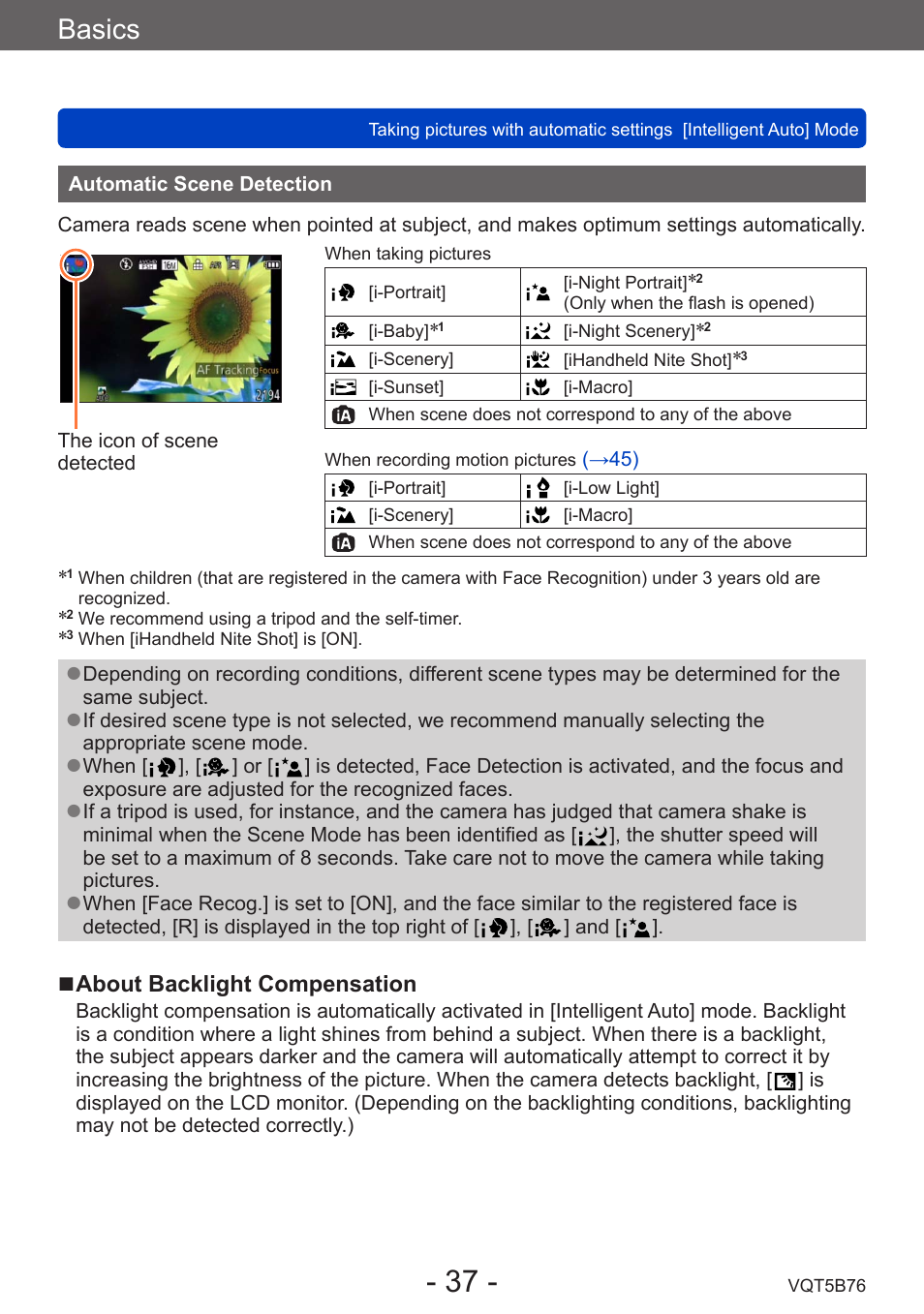 Automatic scene detection, Basics | Panasonic DMC-FZ70K User Manual | Page 37 / 226