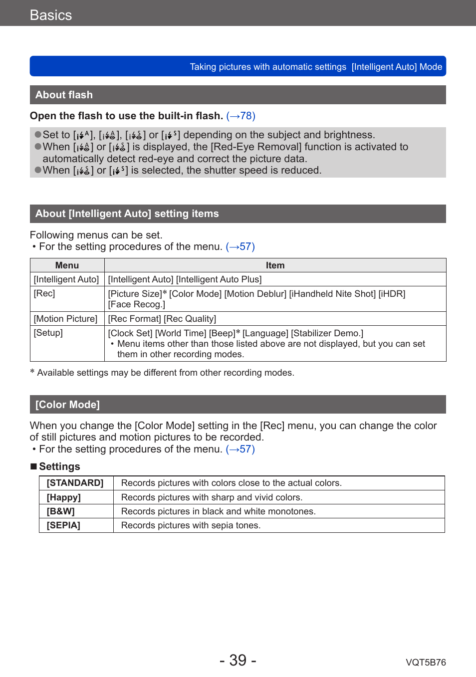 About flash, About [intelligent auto] setting items, Color mode | Basics | Panasonic DMC-FZ70K User Manual | Page 39 / 226