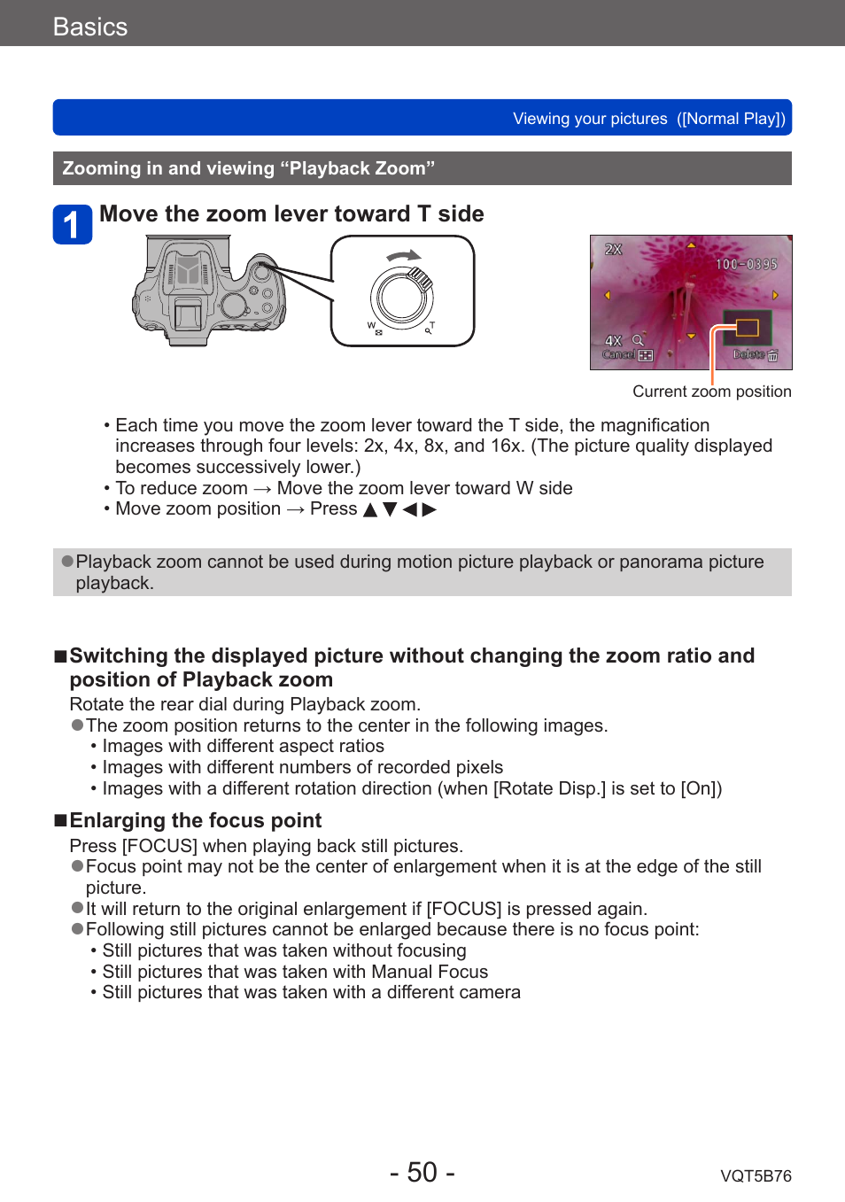 Zooming in and viewing “playback zoom, Zooming in and viewing, Playback zoom | Basics | Panasonic DMC-FZ70K User Manual | Page 50 / 226
