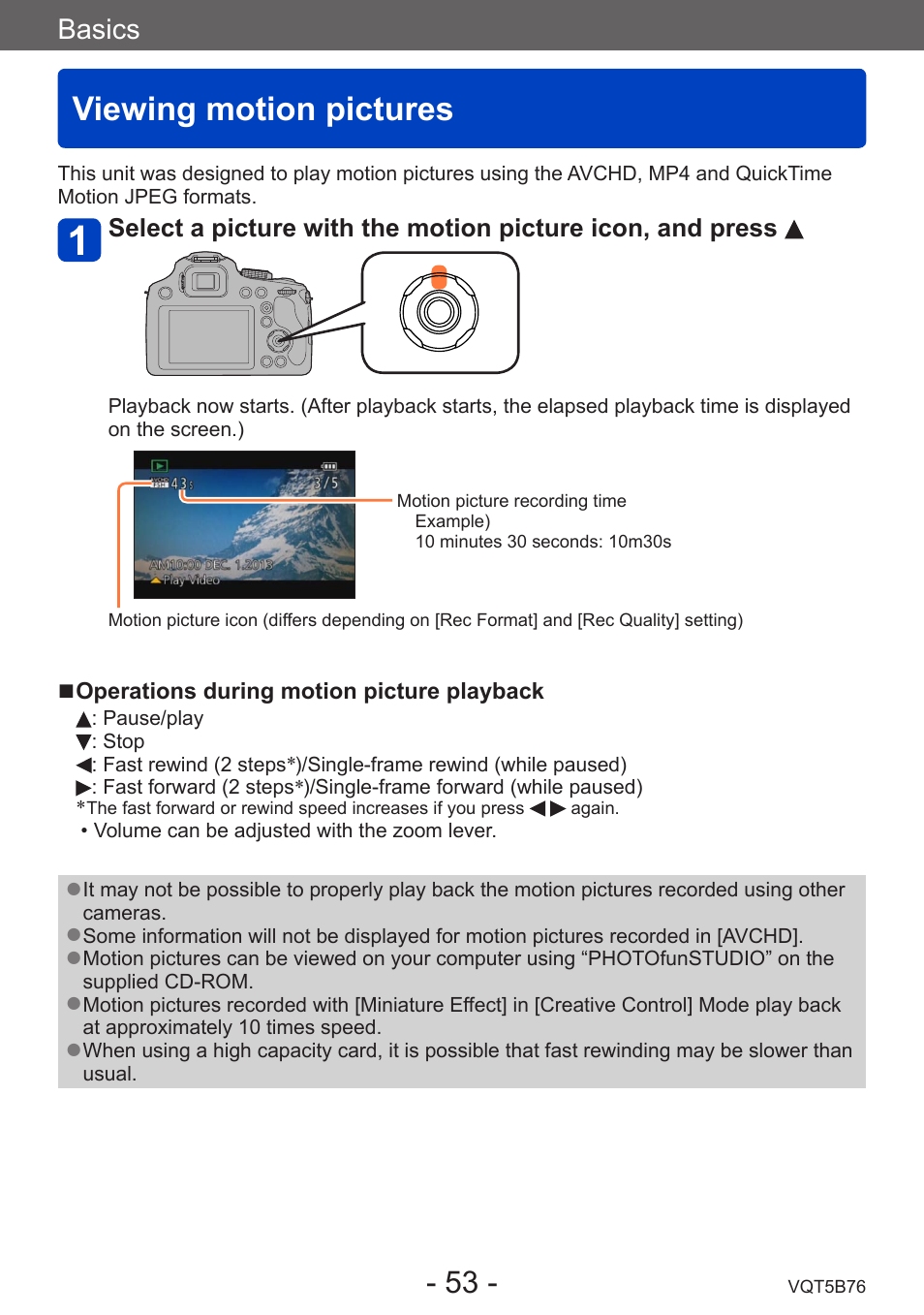 Viewing motion pictures, Basics | Panasonic DMC-FZ70K User Manual | Page 53 / 226