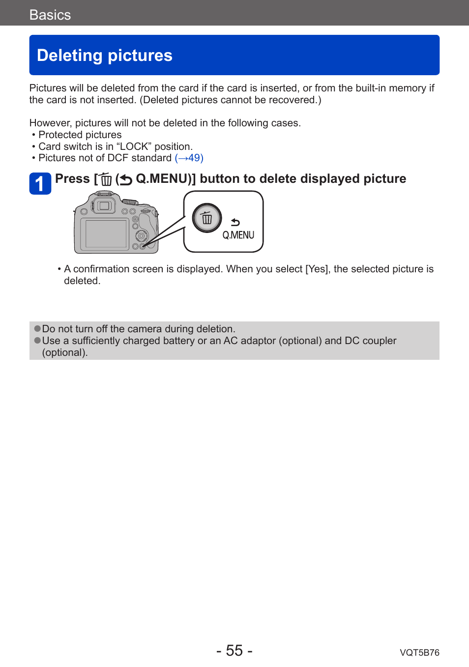 Deleting pictures, Basics | Panasonic DMC-FZ70K User Manual | Page 55 / 226