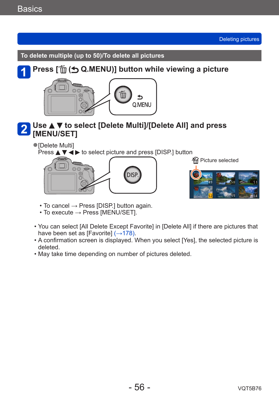 To delete multiple (up to 50), To delete all pictures, Basics | Panasonic DMC-FZ70K User Manual | Page 56 / 226