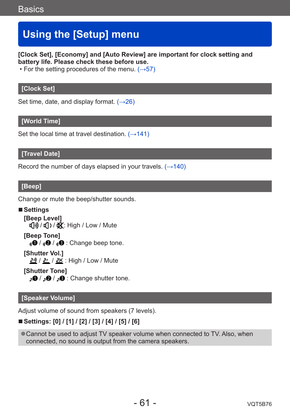 Using the [setup] menu, Clock set, World time | Travel date, Beep, Speaker volume, Basics | Panasonic DMC-FZ70K User Manual | Page 61 / 226