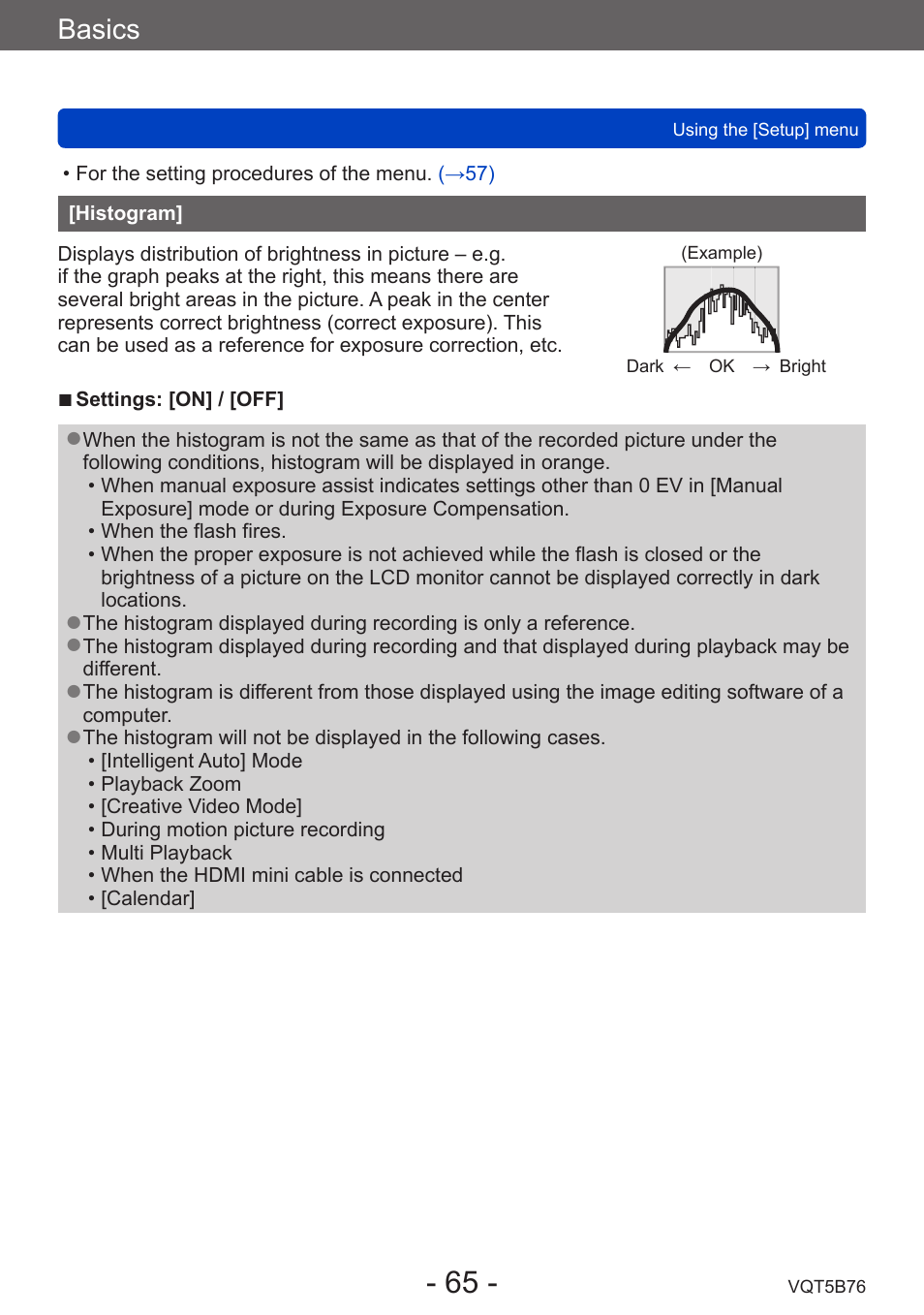 Histogram, Basics | Panasonic DMC-FZ70K User Manual | Page 65 / 226