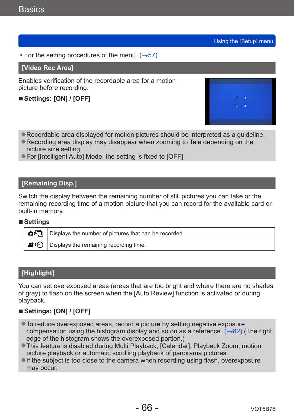 Video rec area, Remaining disp, Highlight | Basics | Panasonic DMC-FZ70K User Manual | Page 66 / 226