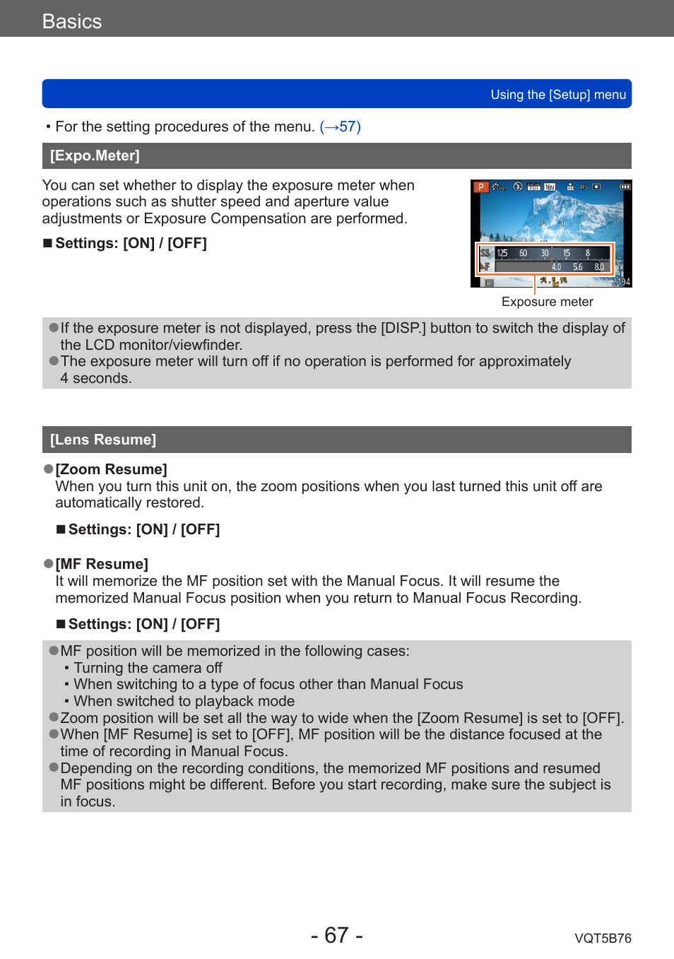Expo.meter, Lens resume, Basics | Panasonic DMC-FZ70K User Manual | Page 67 / 226