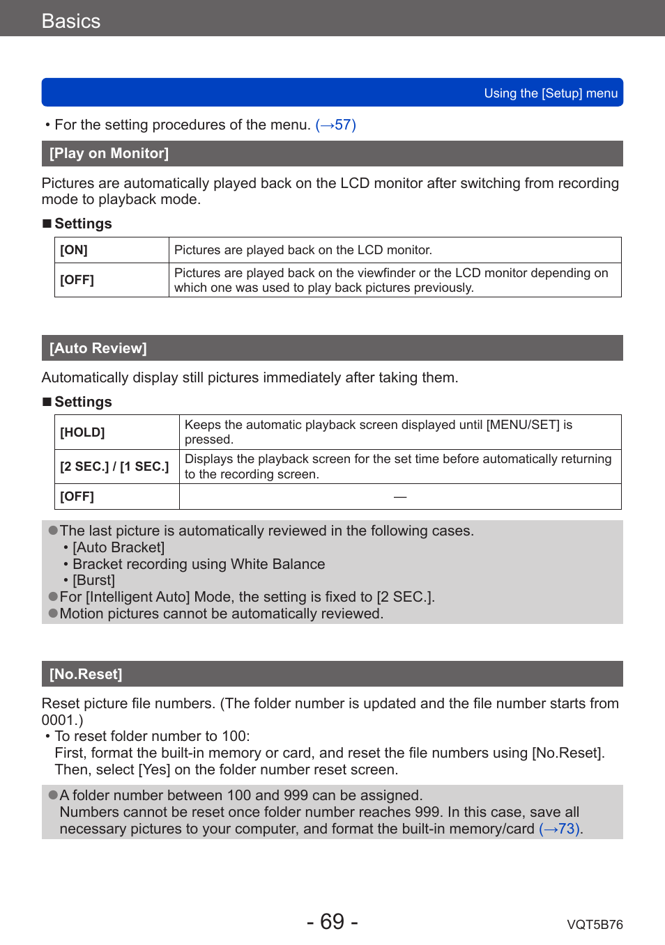 Play on monitor, Auto review, No.reset | Basics | Panasonic DMC-FZ70K User Manual | Page 69 / 226
