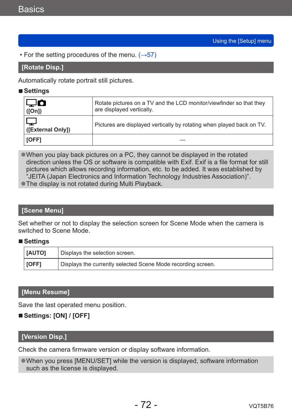 Rotate disp, Scene menu, Menu resume | Version disp, Basics | Panasonic DMC-FZ70K User Manual | Page 72 / 226