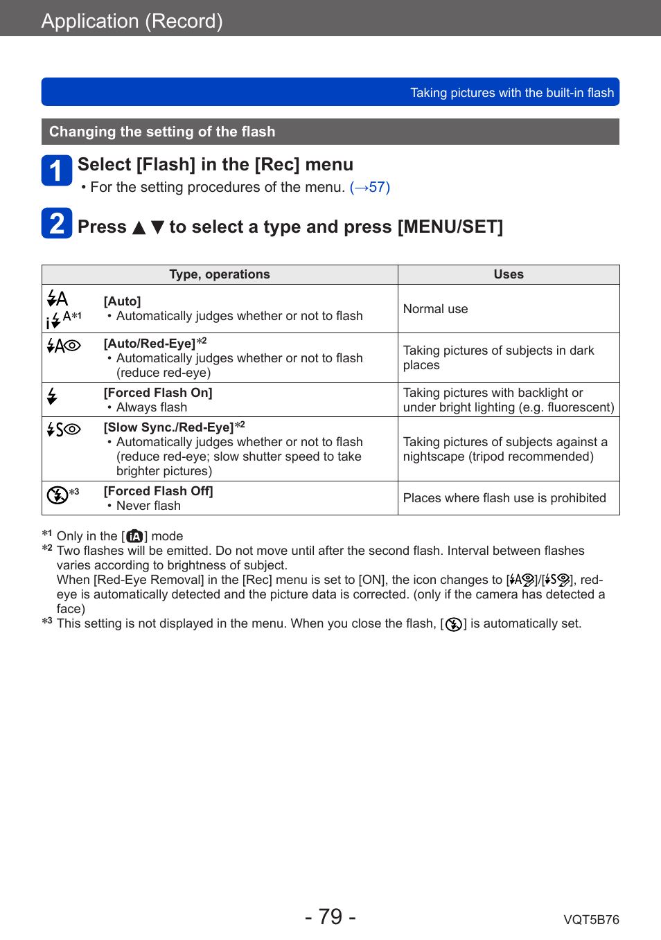 Changing the setting of the flash, Application (record), Select [flash] in the [rec] menu | Press to select a type and press [menu/set | Panasonic DMC-FZ70K User Manual | Page 79 / 226