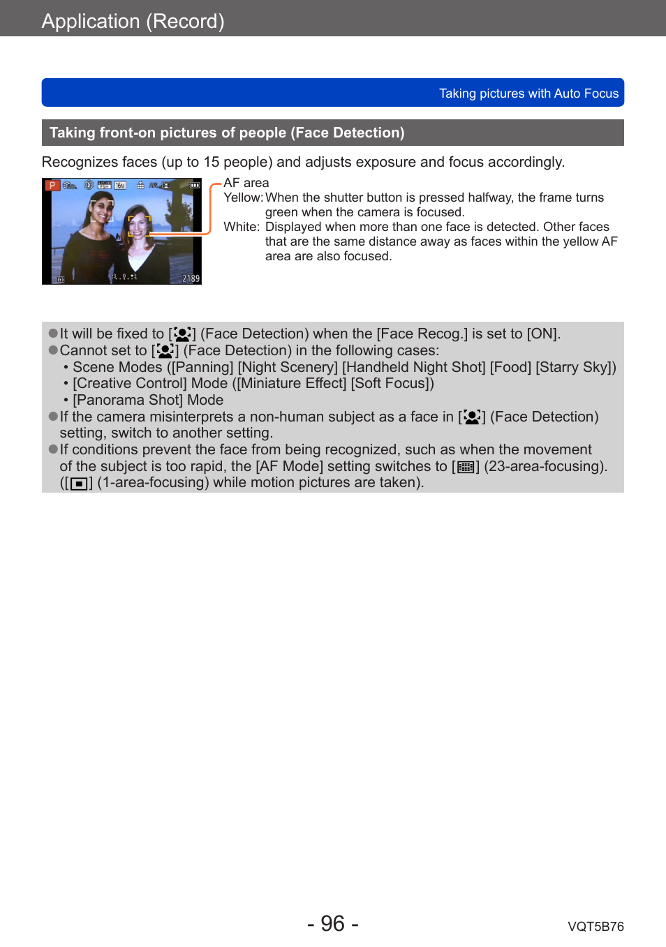 Taking front-on pictures of people, Face detection), Application (record) | Panasonic DMC-FZ70K User Manual | Page 96 / 226