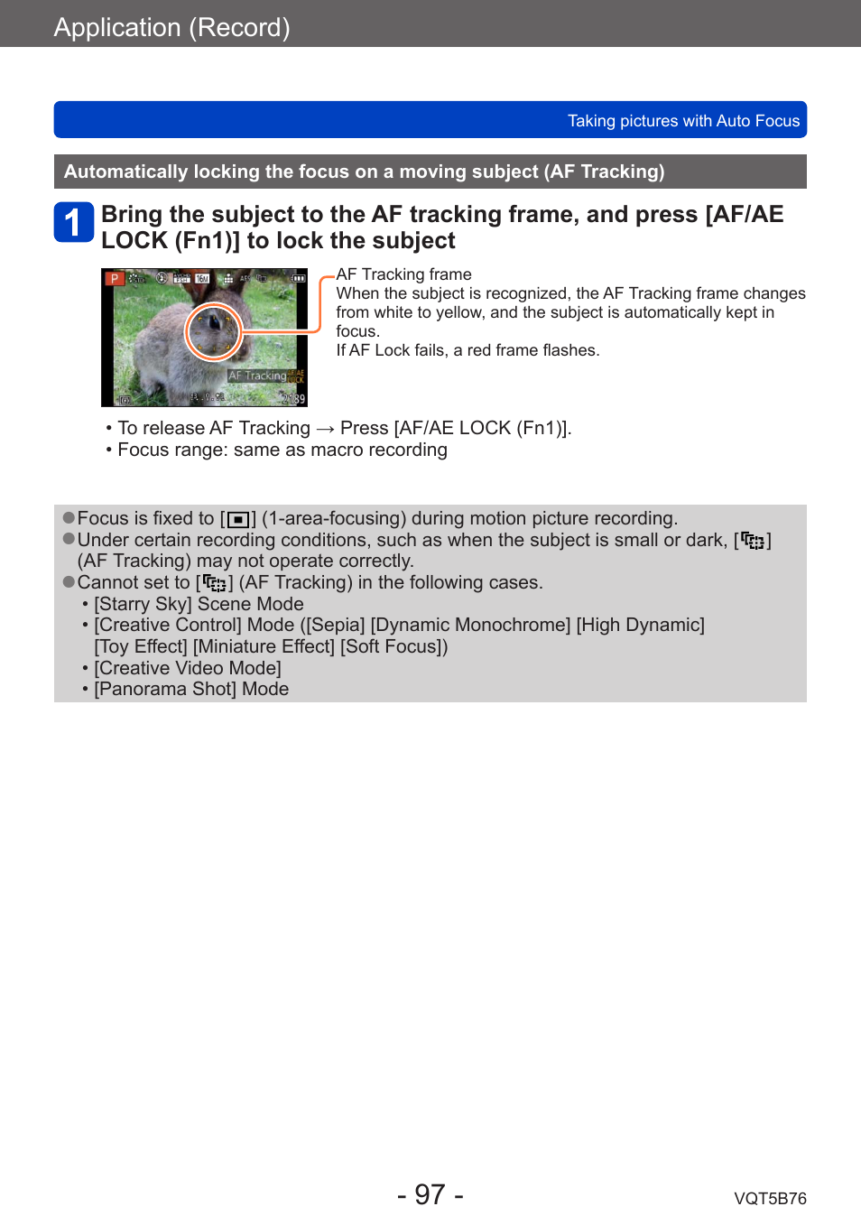 Automatically locking the focus on a, Moving subject (af tracking), Application (record) | Panasonic DMC-FZ70K User Manual | Page 97 / 226