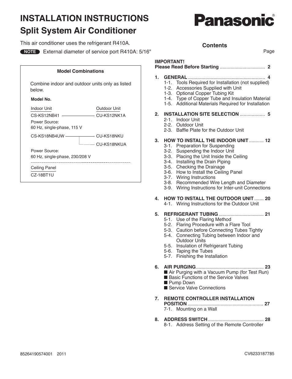 Split system air conditioner, Installation instructions | Panasonic KS18NB4UA User Manual | Page 2 / 30