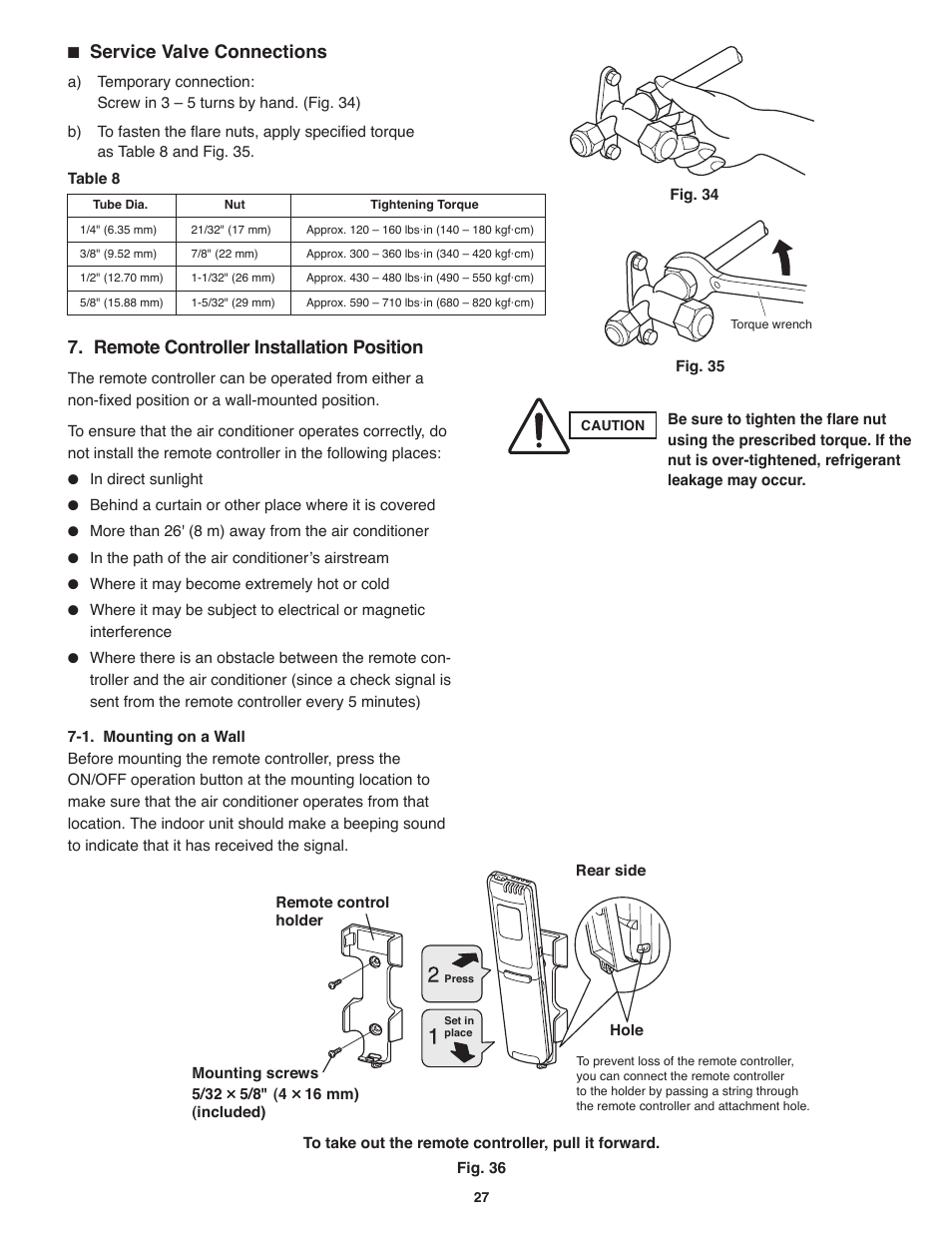 Remote controller installation position, Service valve connections | Panasonic KS18NB4UA User Manual | Page 28 / 30