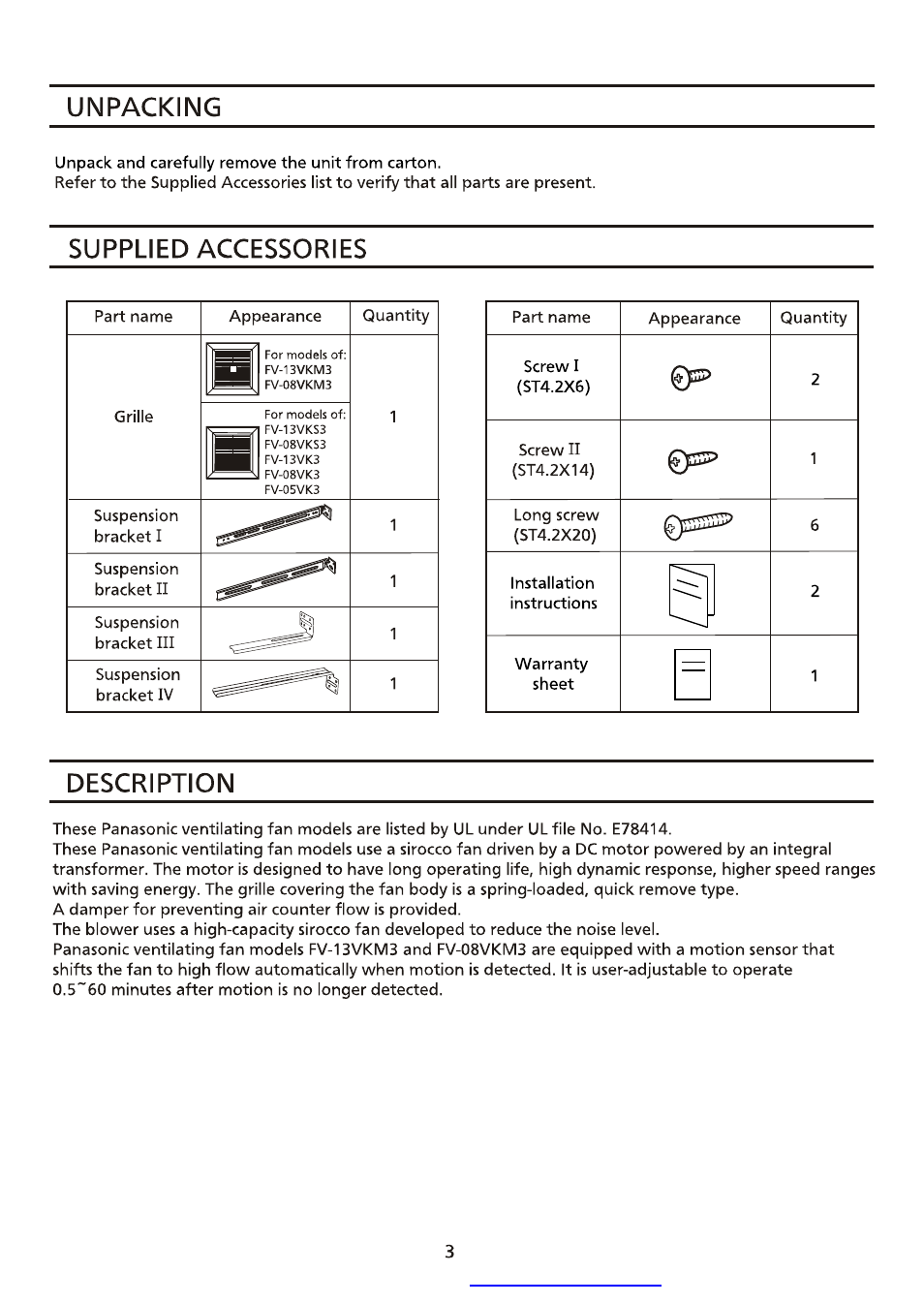 Unpacking, Supplied accessories, Description | Panasonic FV-08VK3 User Manual | Page 3 / 12