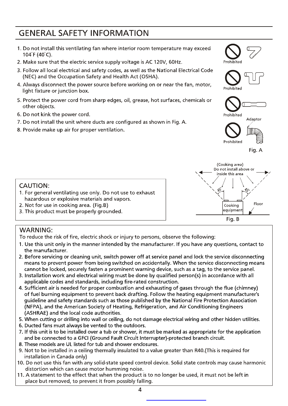 General safety information, Warning | Panasonic FV-08VK3 User Manual | Page 4 / 12