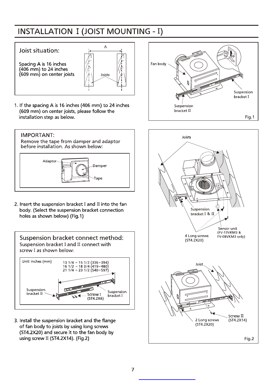 Installation i (joist mounting -1), Joist situation, Suspension bracket connect method | Panasonic FV-08VK3 User Manual | Page 7 / 12