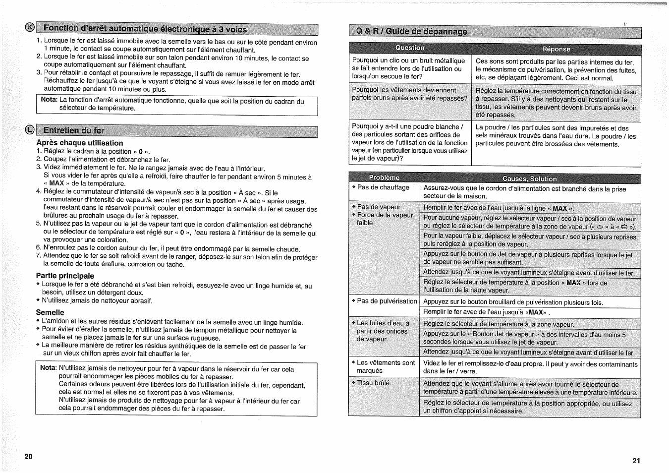 Après chaque utilisation, Partie principale, Semelle | Entretieini du fer | Panasonic NI-W950A User Manual | Page 20 / 32