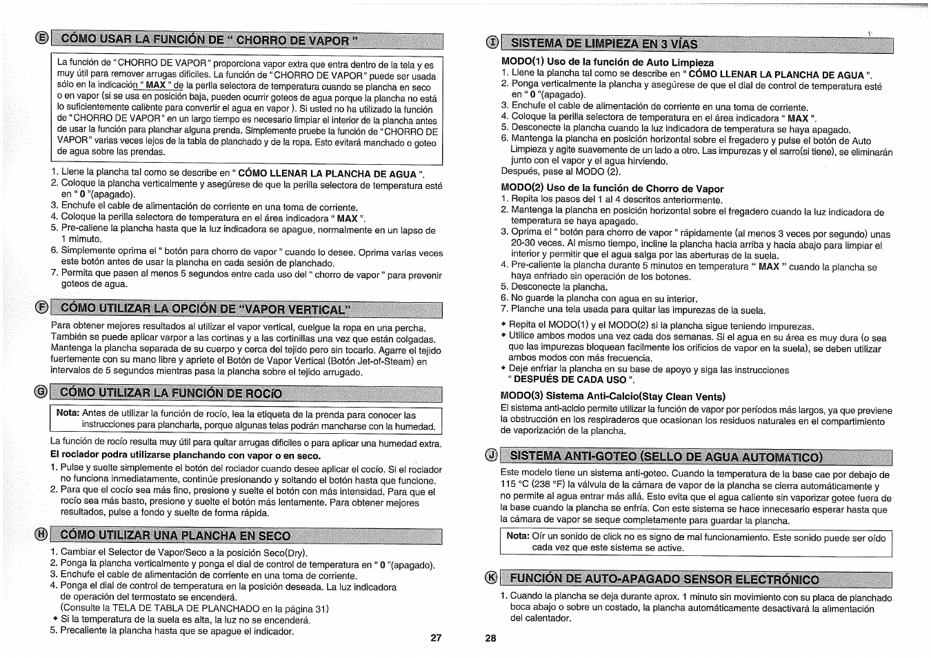 D como usar la funcson de “ chorro de vapor, Cómo utslszar la opción de “vapor vertical, Cómo utilizar la función de rocío | Cóm.g, Íí'la | Panasonic NI-W950A User Manual | Page 27 / 32