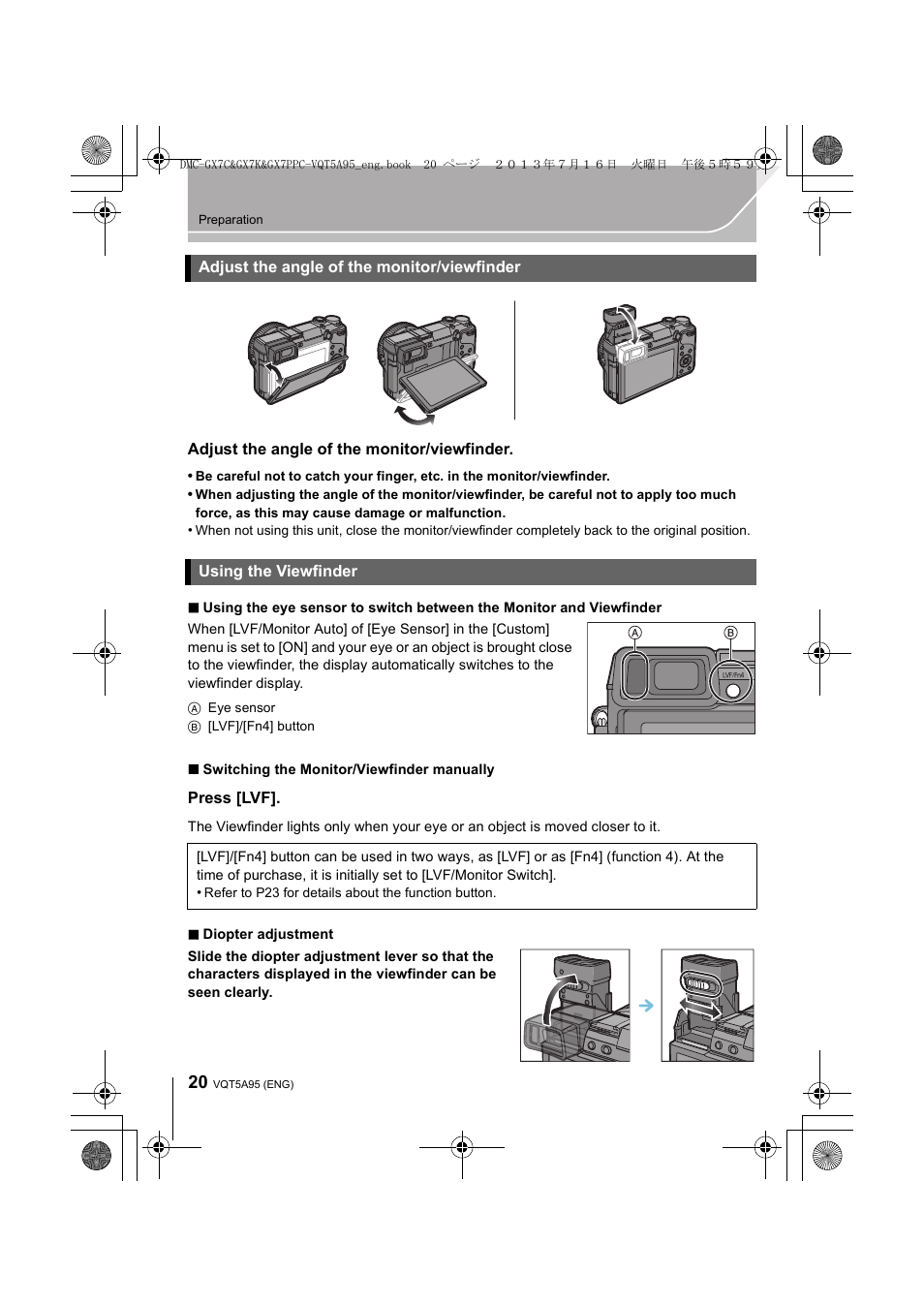 Adjust the angle of the monitor/viewfinder, Using the viewfinder | Panasonic DMC-GX7SBODY User Manual | Page 20 / 104