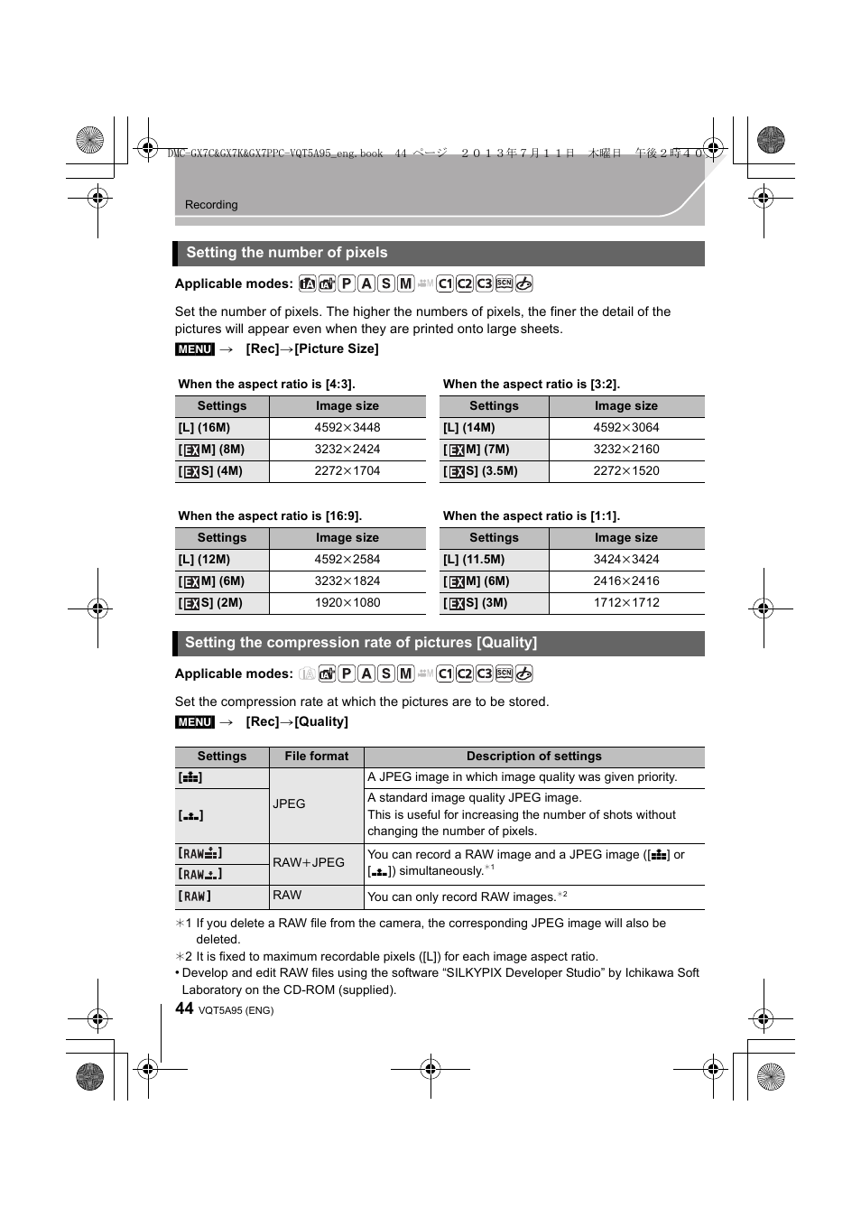 Setting the number of pixels, Setting the compression rate of pictures [quality | Panasonic DMC-GX7SBODY User Manual | Page 44 / 104