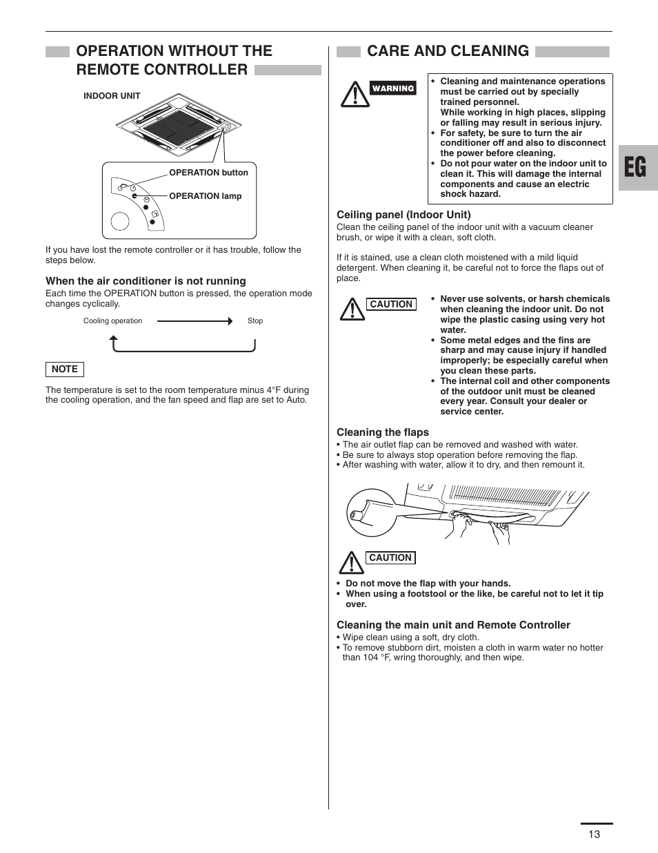 Operation without the remote controller, Care and cleaning | Panasonic KS12NB41A User Manual | Page 14 / 18