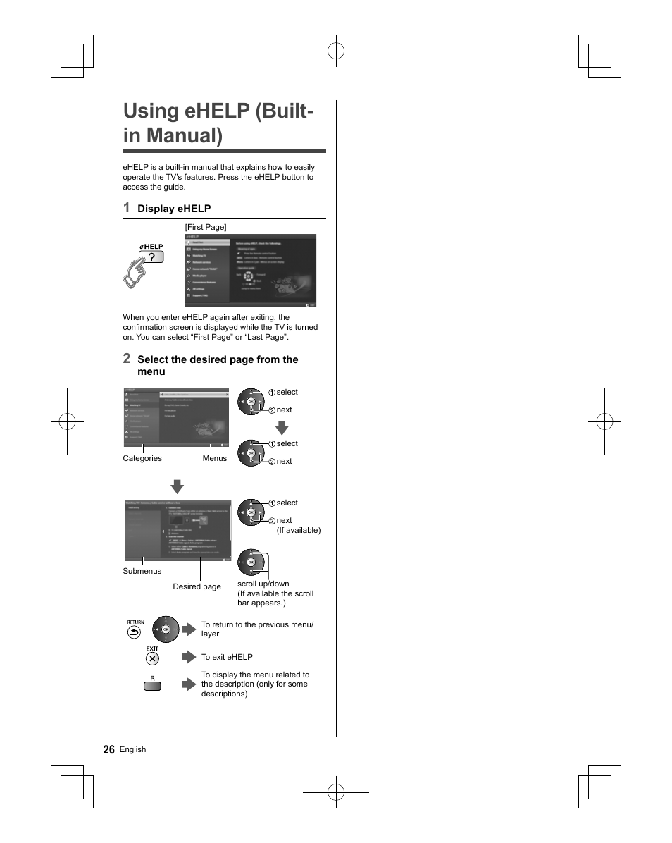 Using ehelp (built-in manual), Using ehelp (built- in manual) | Panasonic TC-58AX800U User Manual | Page 26 / 38