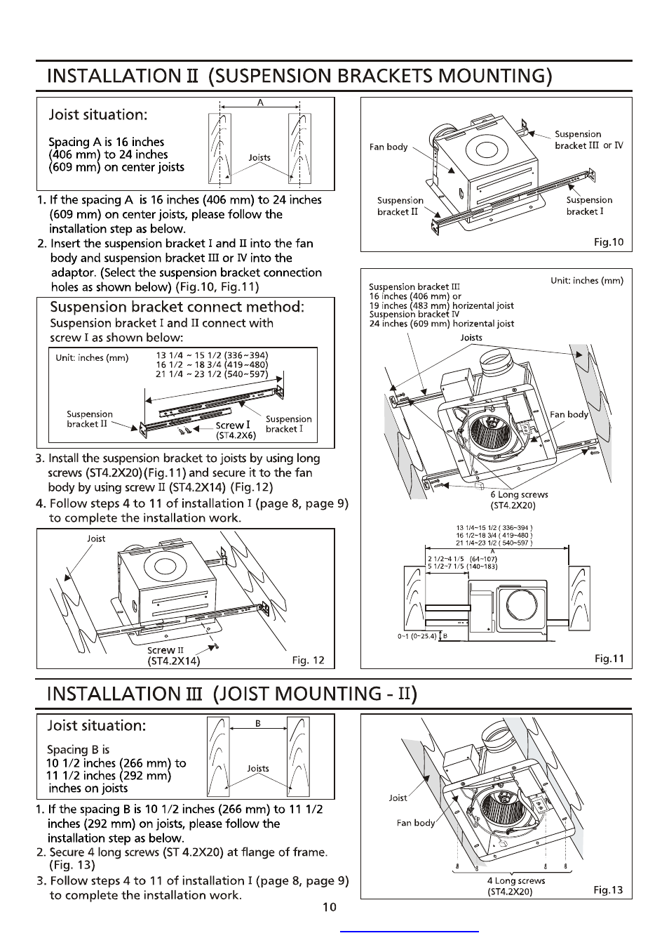 Installation h (suspension brackets mounting), Installation in (joist mounting - ii), Joist situation | Suspension bracket connect method | Panasonic FV-13VKML3 User Manual | Page 10 / 12