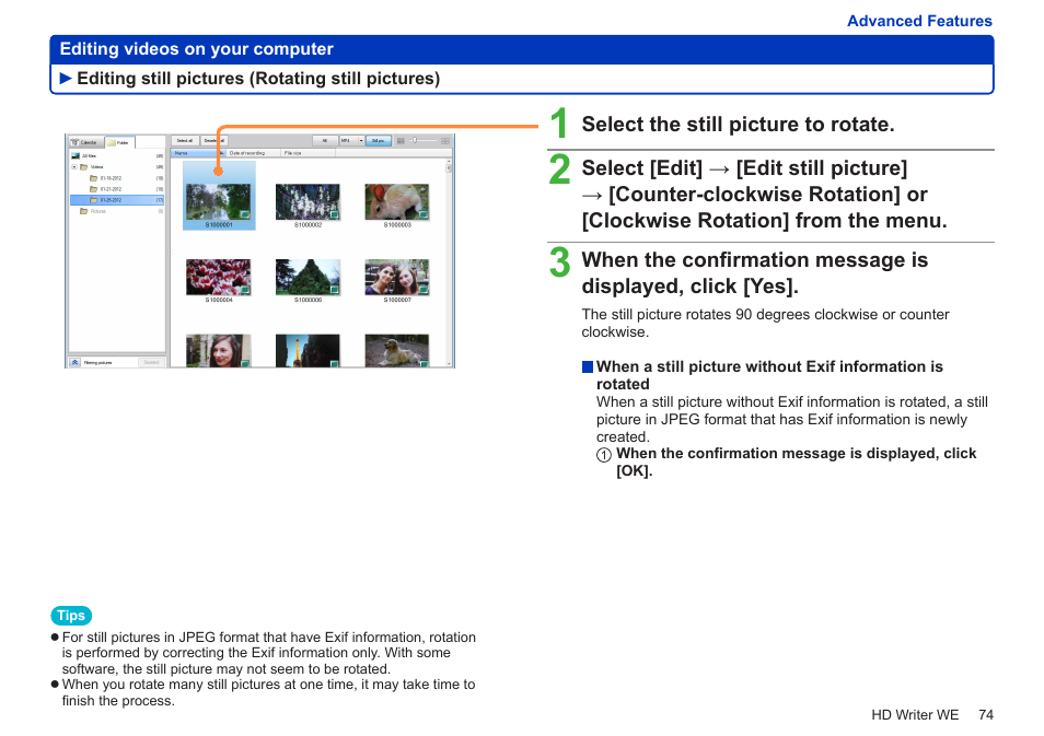 Editing still pictures (rotating still pictures), Editing still pictures, Rotating still pictures) | Panasonic HX-A100D User Manual | Page 74 / 128