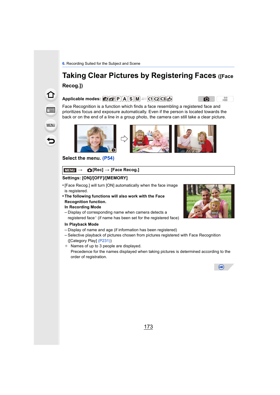 Taking clear pictures by registering faces, Face recog.]) | Panasonic DMC-GH4KBODY User Manual | Page 173 / 420