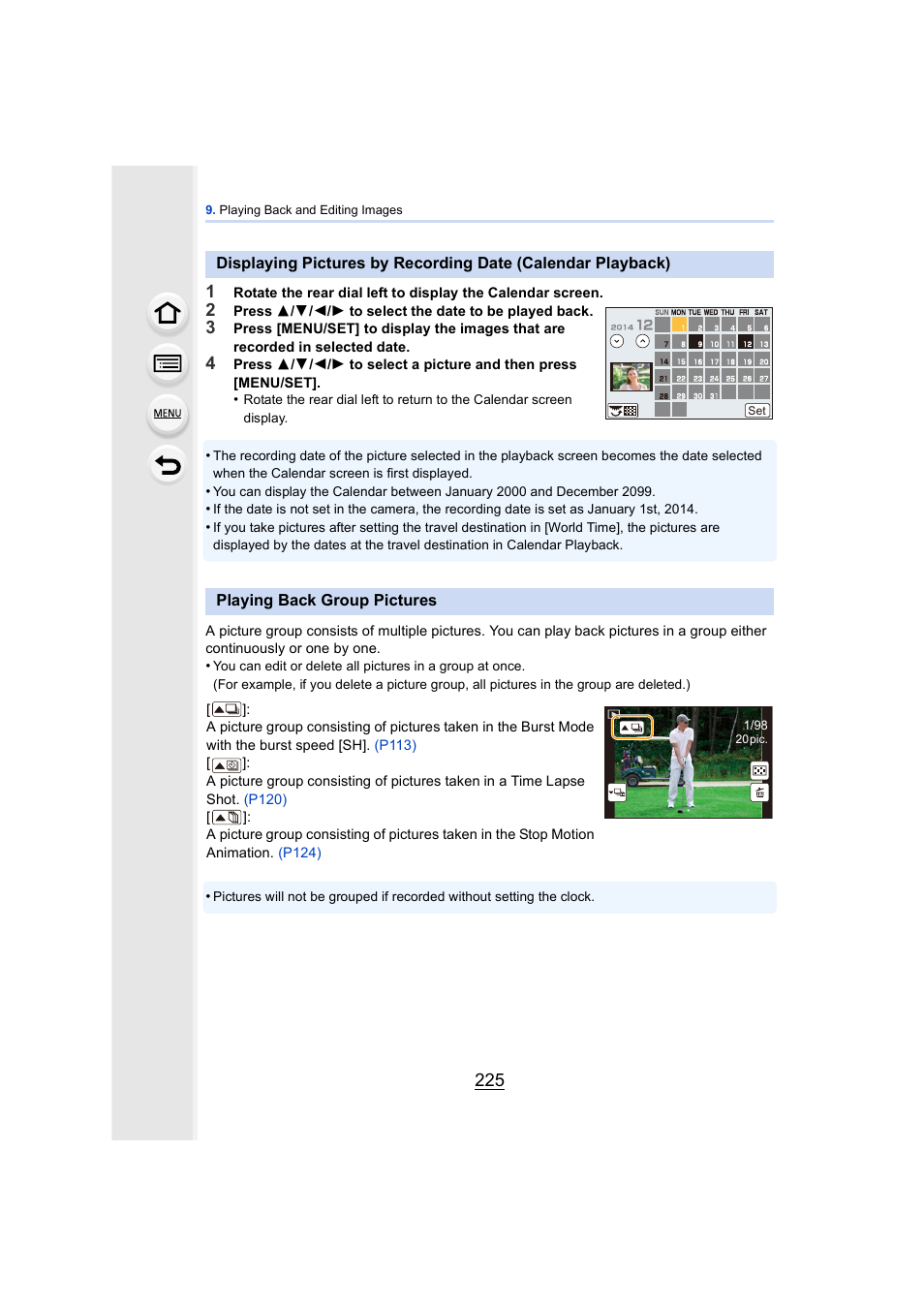 Playing back group pictures, P225) | Panasonic DMC-GH4KBODY User Manual | Page 225 / 420