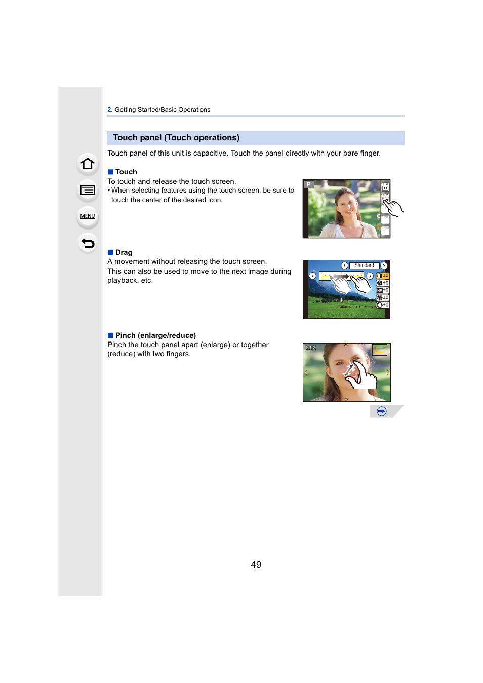 Touch panel (touch operations), P49) | Panasonic DMC-GH4KBODY User Manual | Page 49 / 420