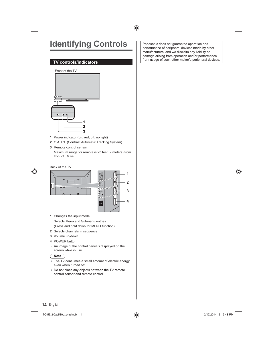 Identifying controls | Panasonic TC-60AS530U User Manual | Page 14 / 24